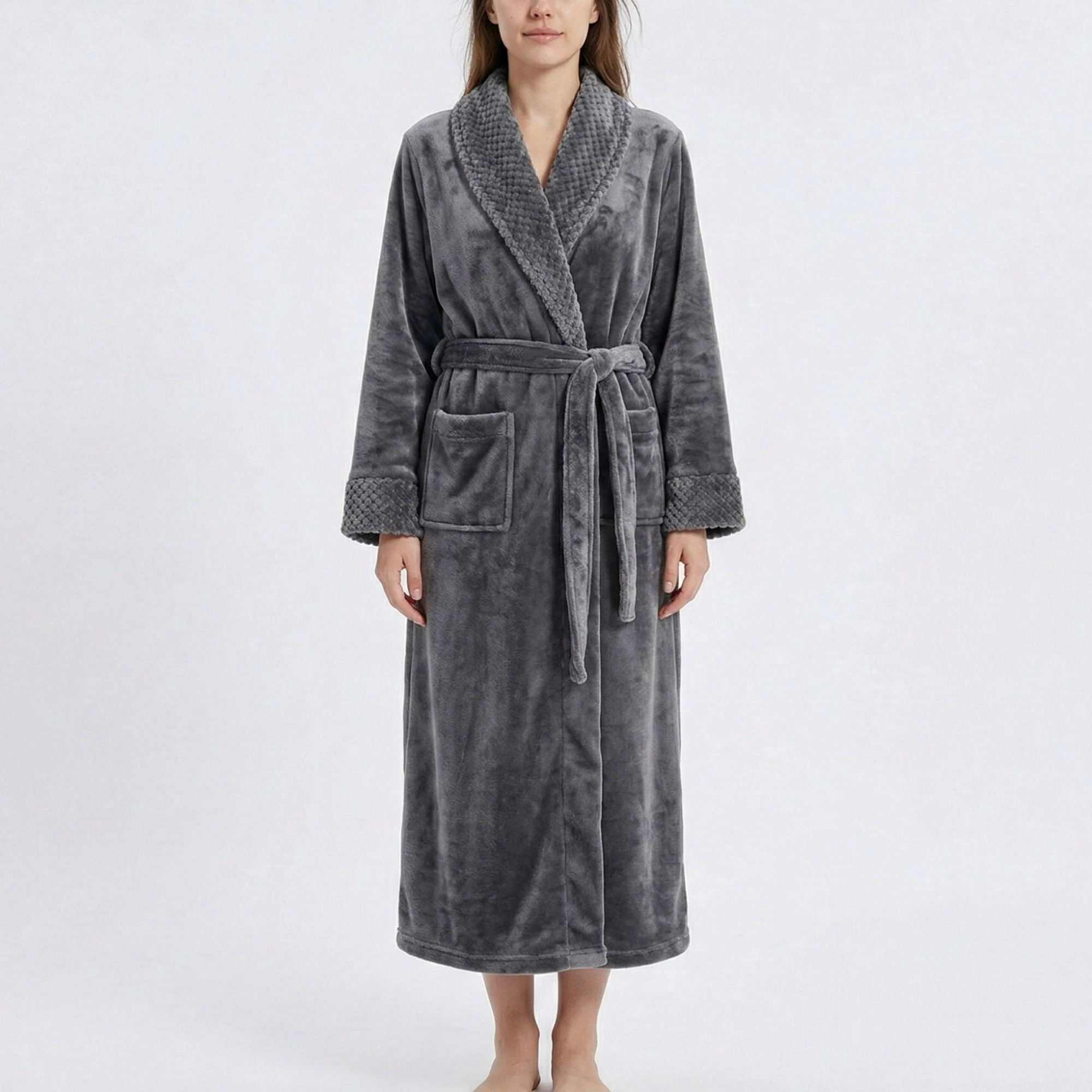 Anna-Kaci Women's Plush Long Sleeve Shawl Collar Bathrobe with Waist Tie Belt and Front Patch Pockets