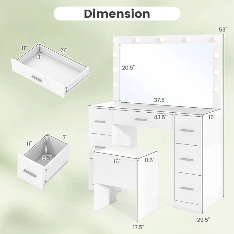 Hivvago 43.5-Inch Vanity Desk With Mirror And Lights For Bedroom-White