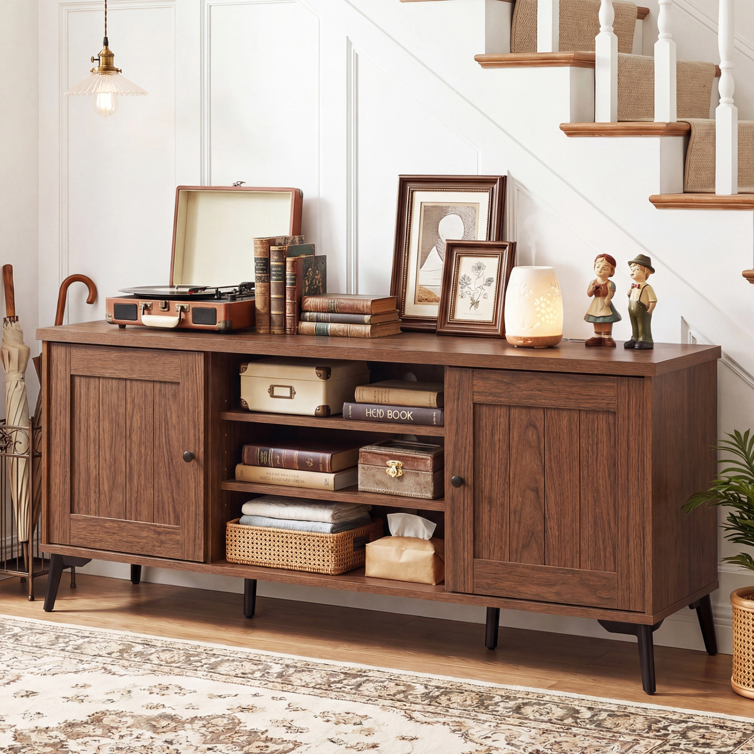 Glintex 59-Inch Mid-Century TV Stand with Carved Doors and 7-Height Shelves