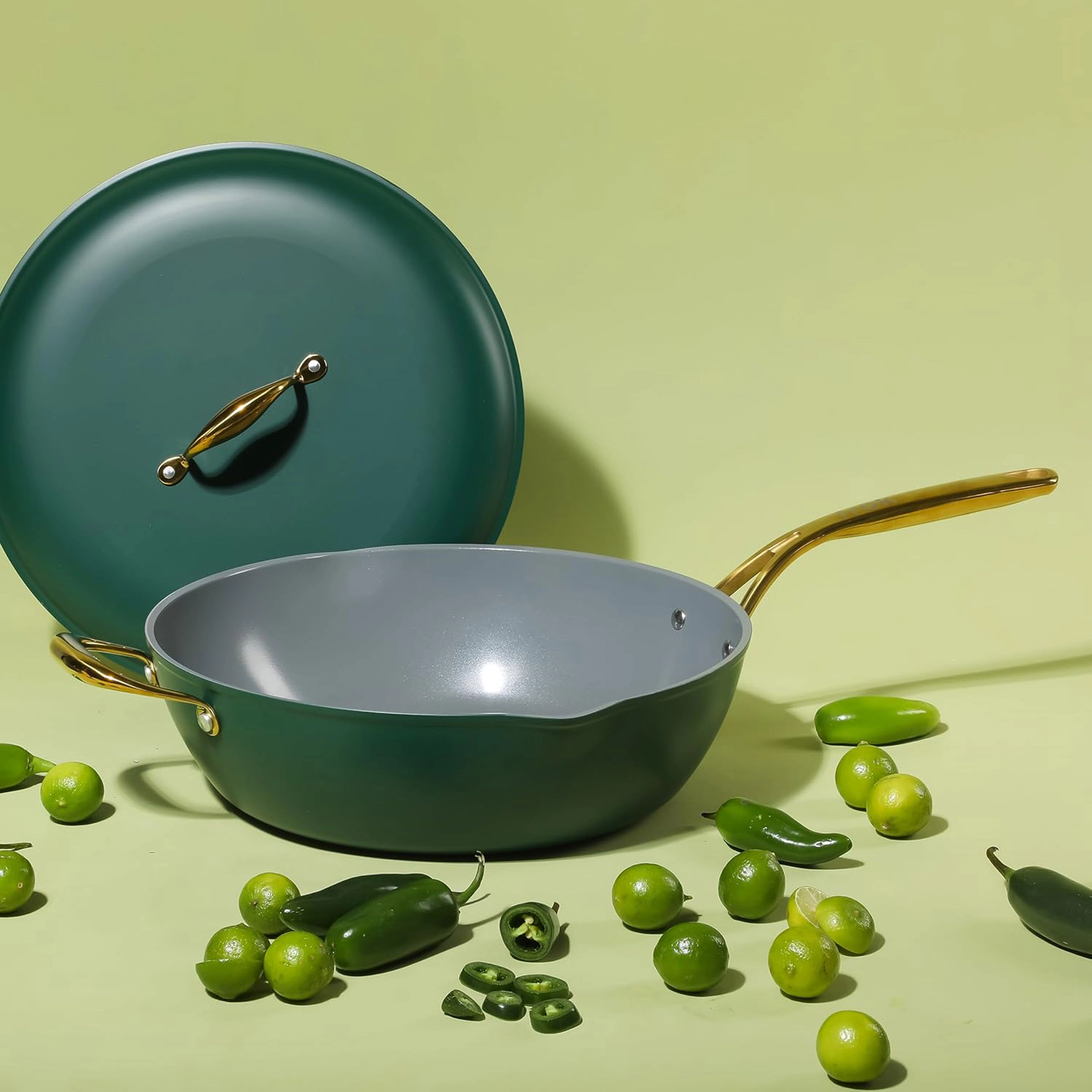Frok 13 Inch Ceramic Nonstick Aluminum Tall Frying Pan with Lid in Green and Gold Handles