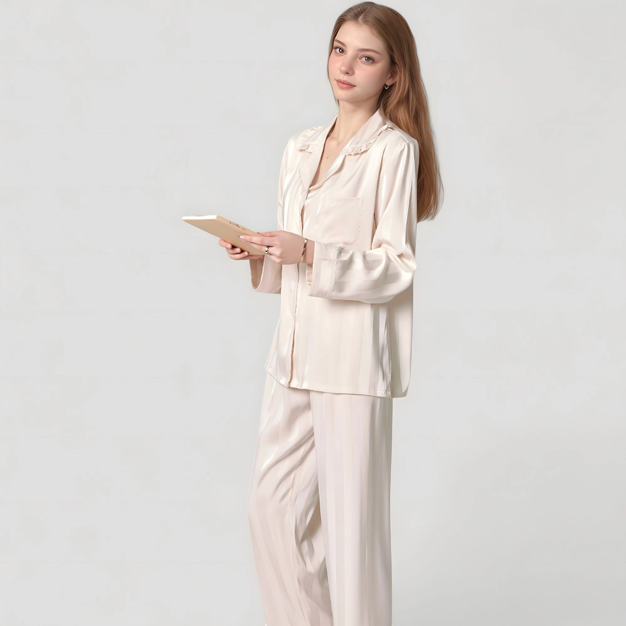 Anna-Kaci Women's Long Sleeve Button Down Satin Pajama Top with Ruffle Collar and Wide Leg Pants Sleepwear Set