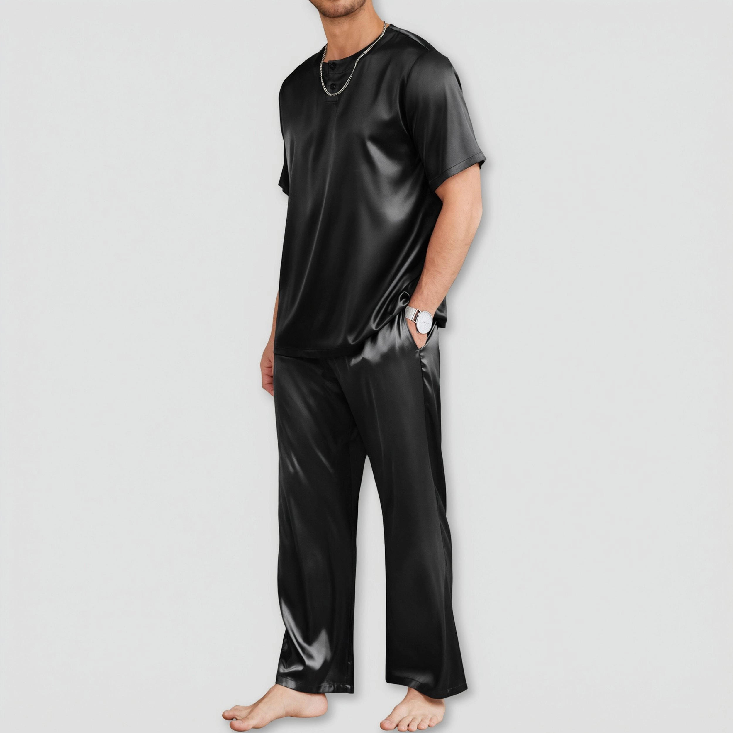 Ekouaer Silk Pajamas For Men Pjs Sleep Pant With Pockets Round Neck Wear