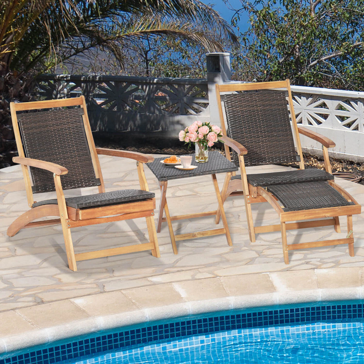 LJG 3 Pieces Patio Rattan Folding Lounge Chair Set of 2 with Acacia Wood Table