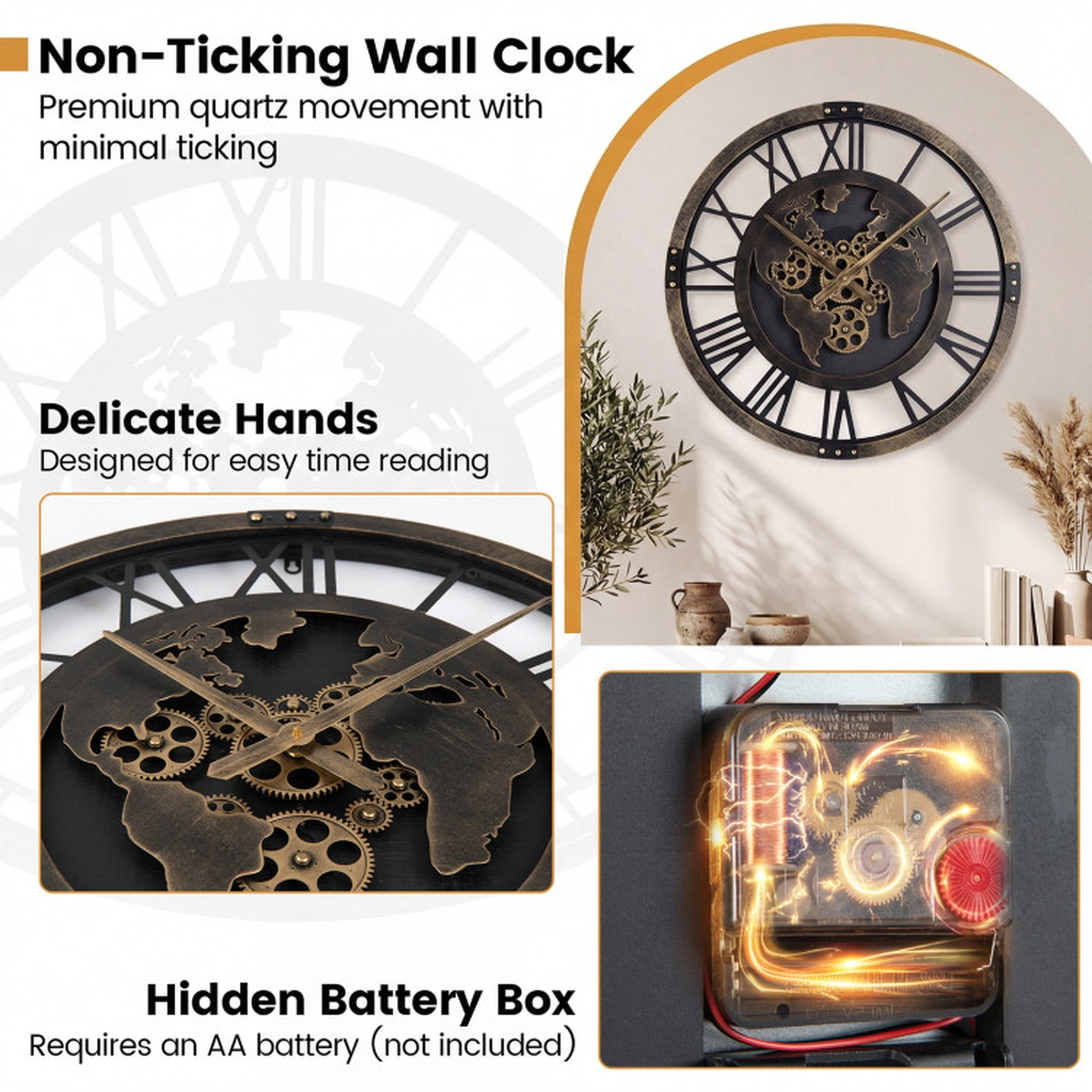 SUGIFT 27-in Oversized Brown Metal Gear Wall Clock with World Map and Non-Ticking Quartz Movement