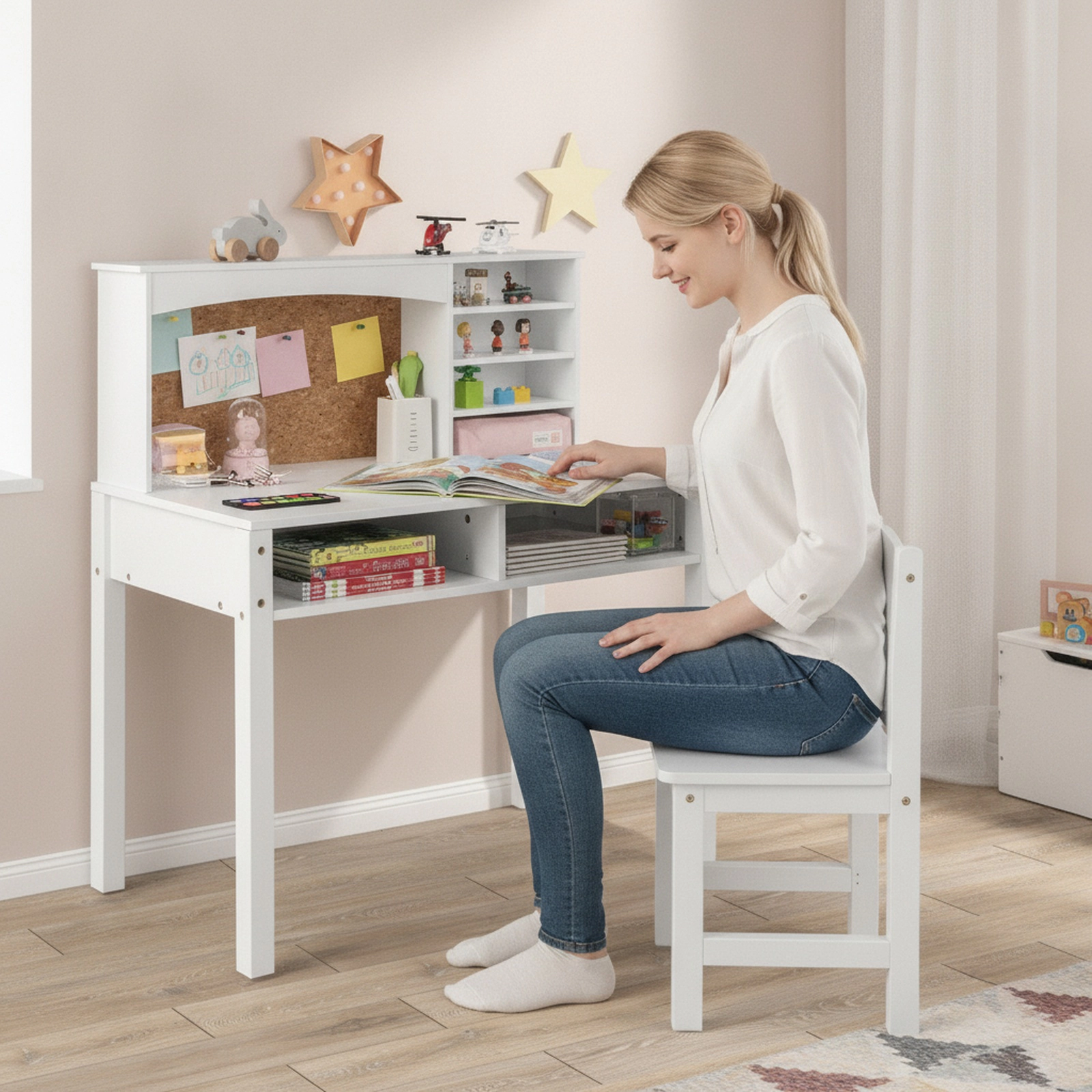 SUGIFT White Kids Desk and Chair Set with Hutch, Cork Board and 2 Drawers