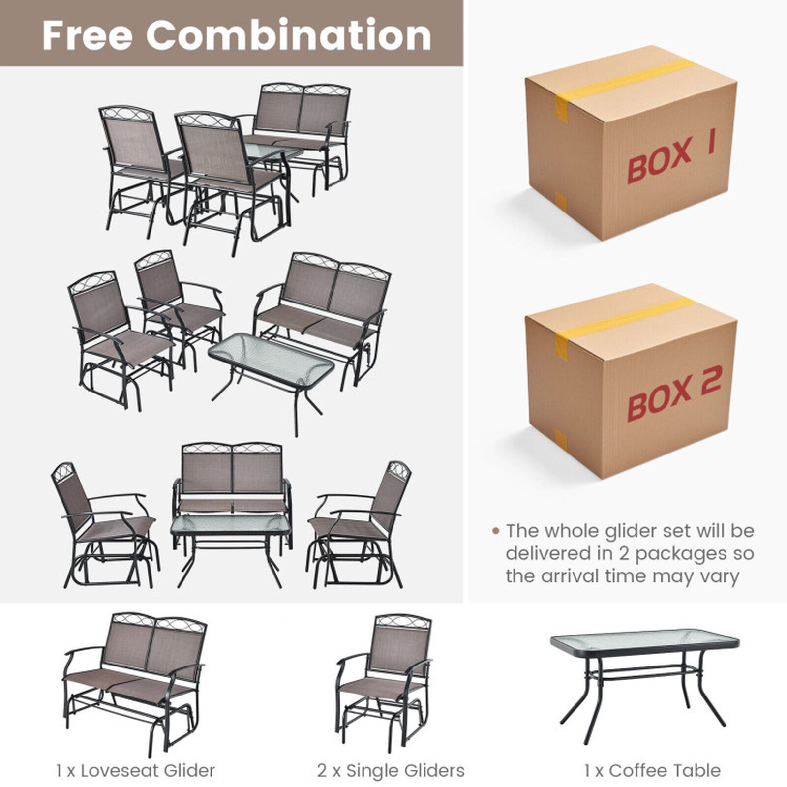 SUGIFT Brown Tempered Glass Coffee Table 4-Piece Patio Glider Conversation Set