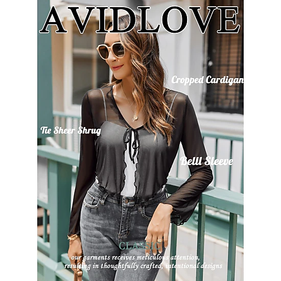 Avidlove Women's Sheer Tie Front Long Bell Sleeve Mesh Bolero