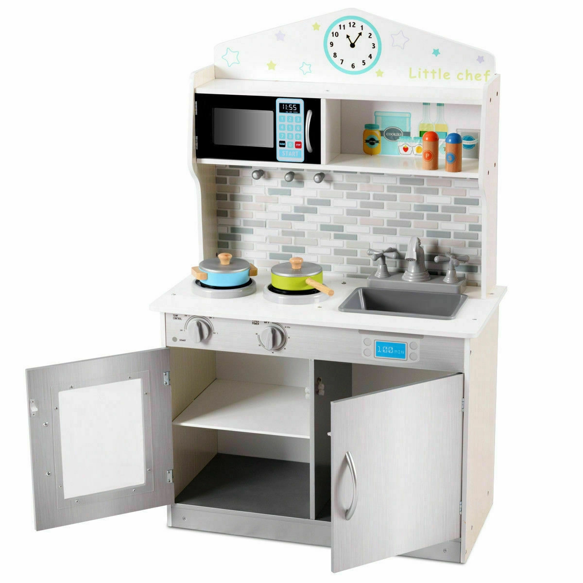 SUGIFT Wooden Pretend Cooking Playset Kids Kitchen with Accessories 37.5-in Tall Ages 3-8 Pink/Beige