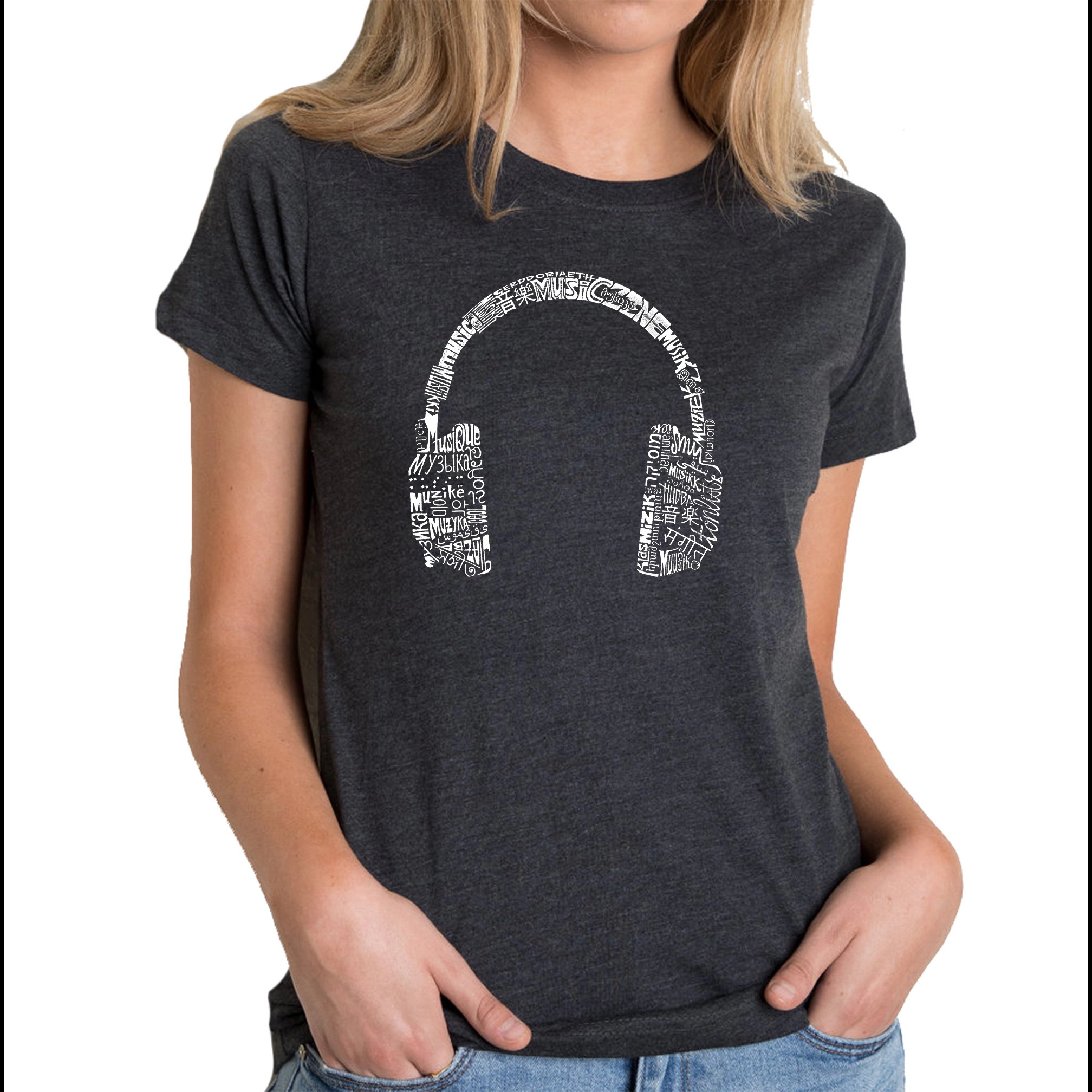 LA Pop Art Women's Cotton/Poly Blend Word TShirt - Headphones  Languages