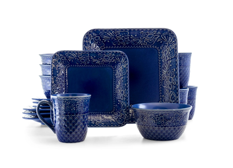 Elama Indigo Lotus Unisex 16-Piece Square Stoneware Dinnerware Set