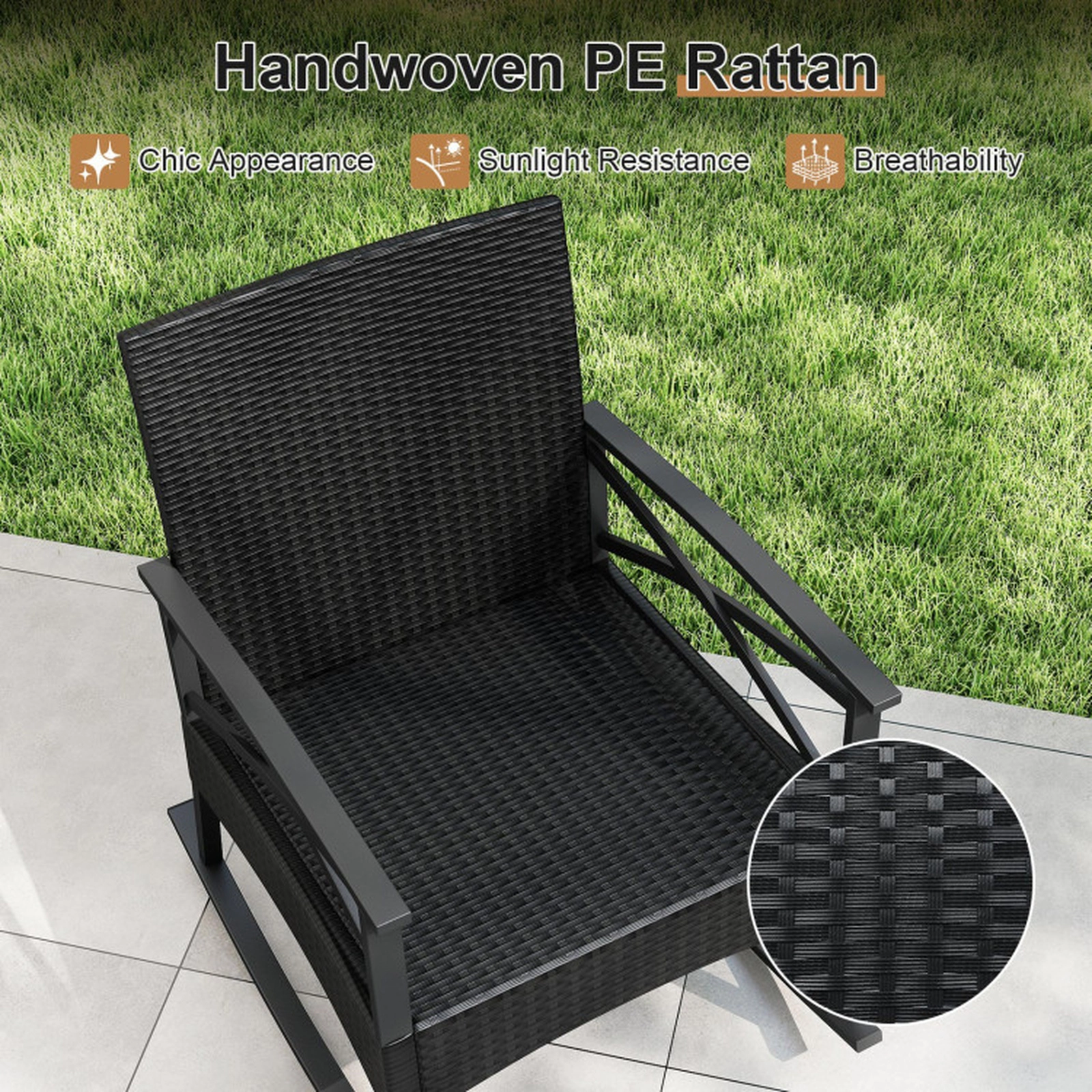 SUGIFT 3-Piece Outdoor Rattan Rocking Conversation Set Rocking Chairs & 2-Tier Side Table 400-lb Chair Capacity Black