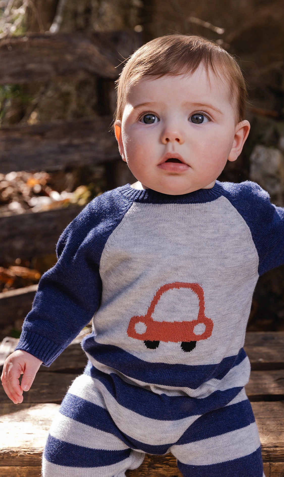 Deux par Boys Knitted Car Intarsia Raglan Sleeve Romper