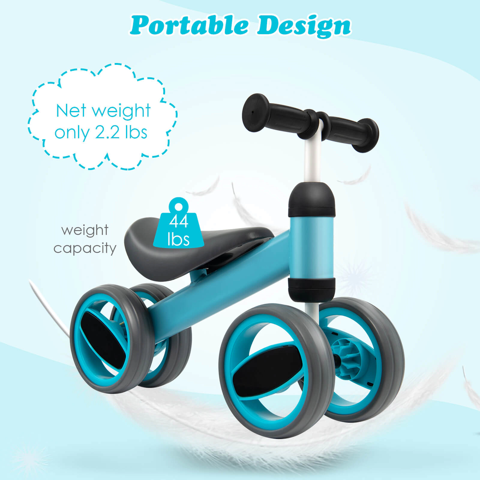 SUGIFT 4-Wheel Baby Balance Bike Toy with Steel Frame 44-lb Capacity Ages 1-2 Years 18.5-in Long 3.3-lb Net Weight Blue