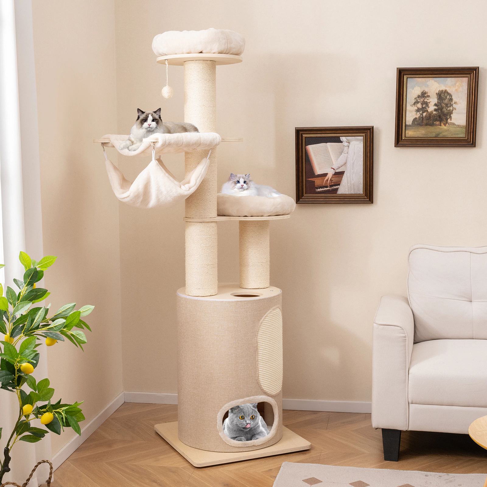 SUGIFT 74-in Natural Cat Tree for Large Cats with 2-Story Bamboo Condo 4 Cat Holes and 2 Hammocks