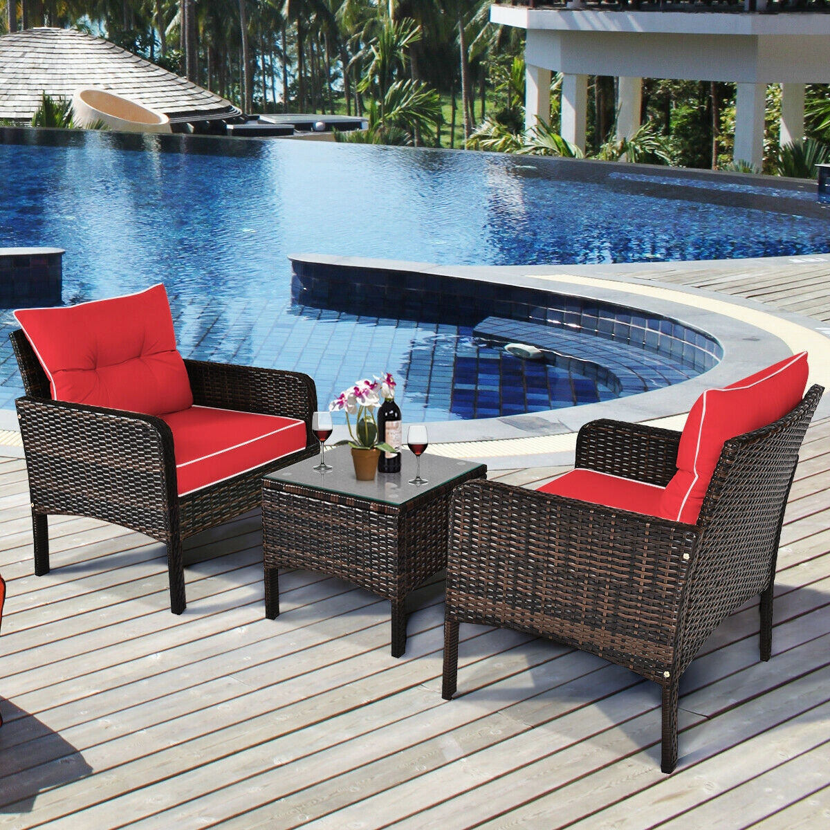 LJG 3 Pcs Outdoor Patio Rattan Conversation Set with Seat Cushions