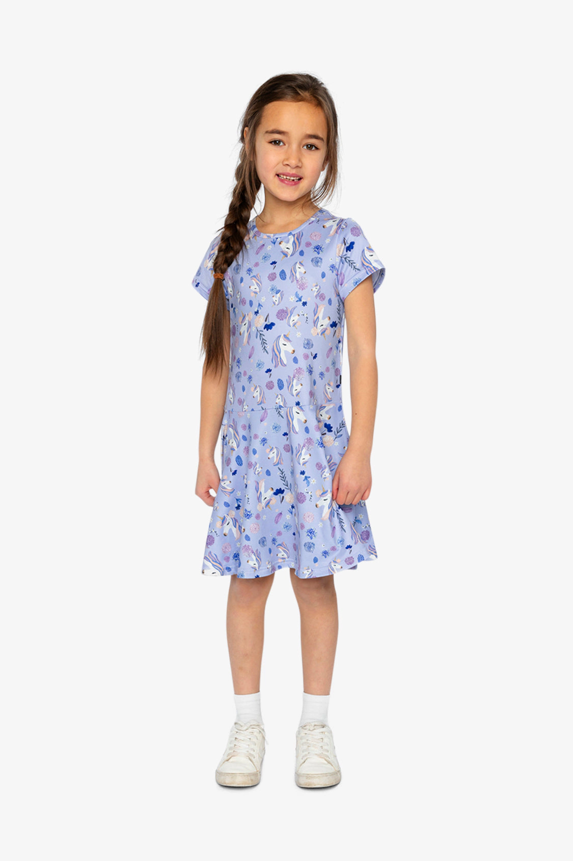 Deux par Girls Unicorn and Floral Print Short Sleeve Drop-Waist Dress