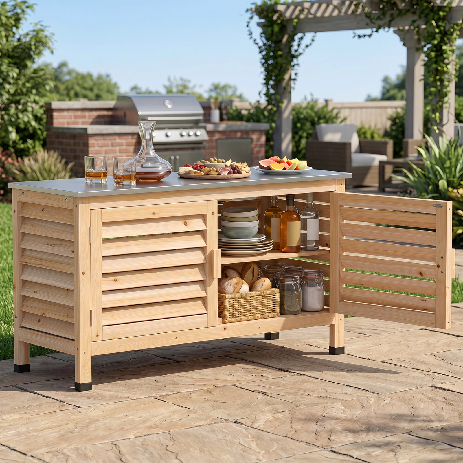 SUGIFT Fir Wood Patio Storage Cabinet Stainless Steel Countertop 66-lb Capacity 43 x 16 x 24-in Natural/Silver