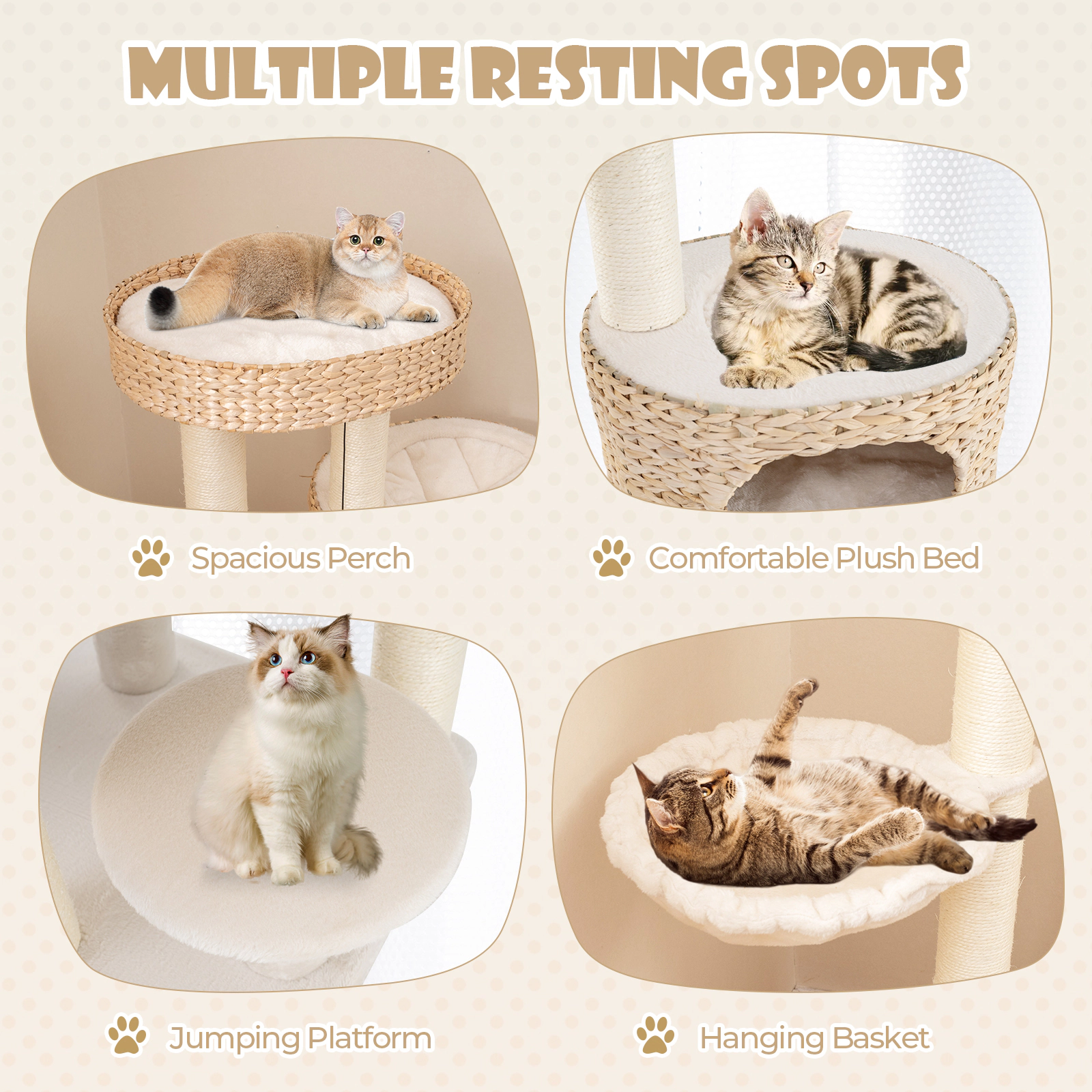 SUGIFT 50 in Modern Cat Tree Natural with Cattail Fluff Condo Hanging Basket and Top Perch