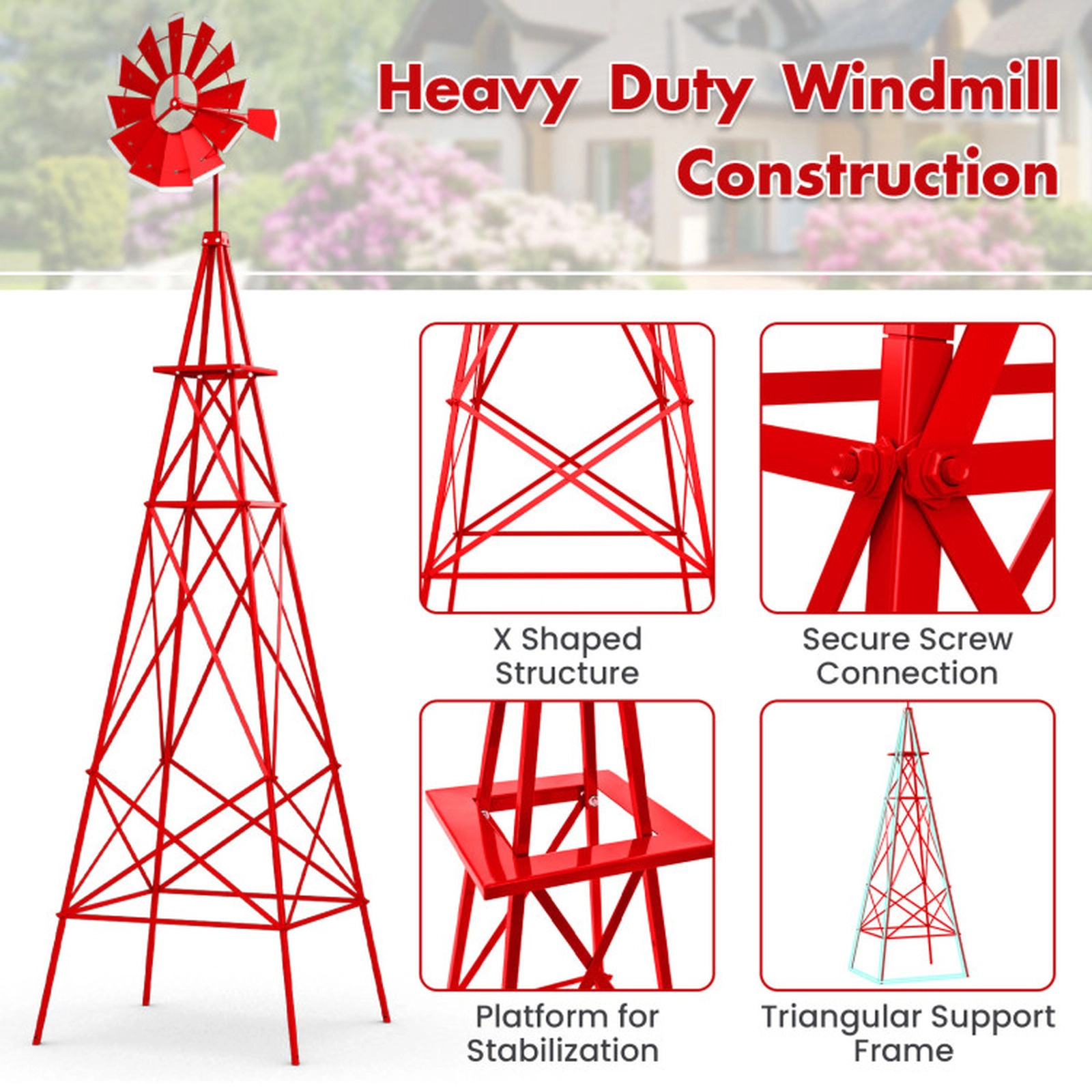 SUGIFT 8-ft Red Metal Garden Windmill Weathervane with 12 Rotating Blades 26.5-in W 26.5-in D 100-in H