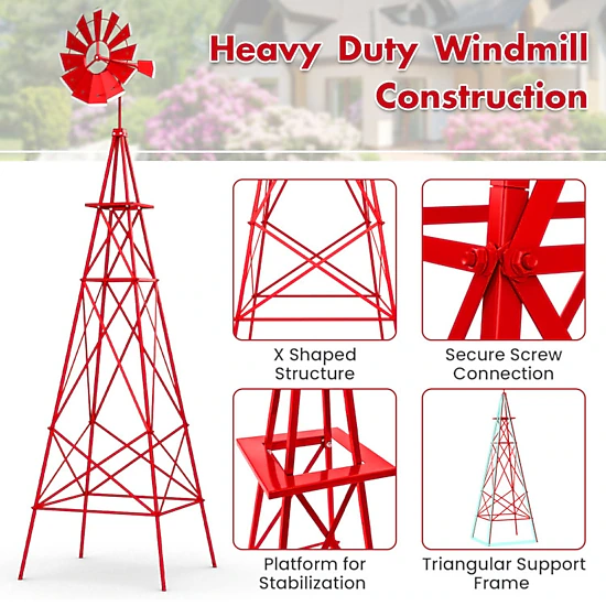 SUGIFT 8-ft Red Metal Garden Windmill Weathervane with 12 Rotating Blades 26.5-in W 26.5-in D 100-in H