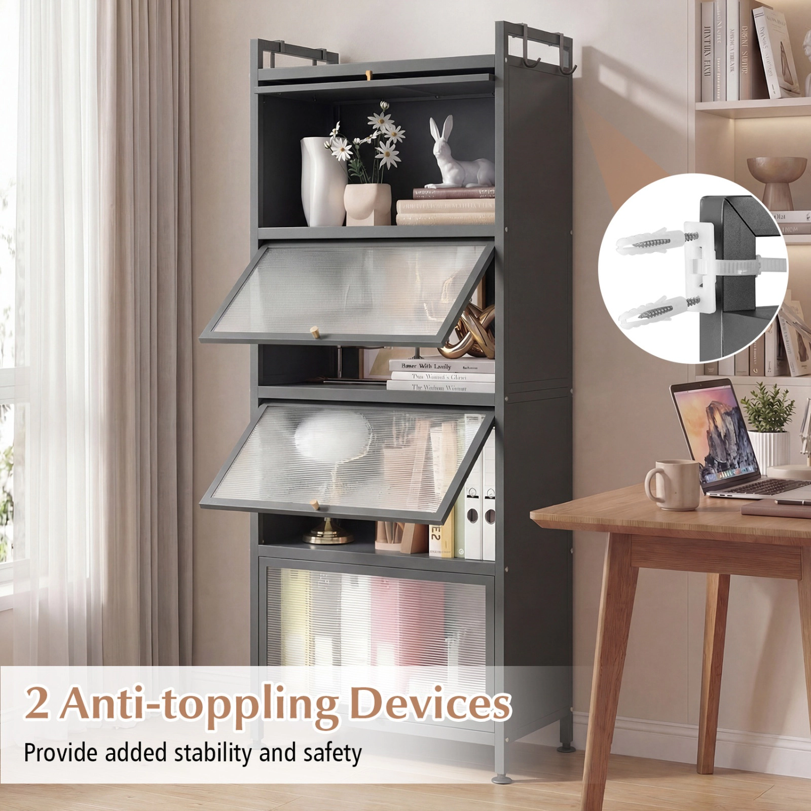 SUGIFT 5-Tier White Kitchen Bakers Rack Storage Shelf with Flip-Up PC Doors 23.5-in W 60.5-in H 44-lb Per Tier
