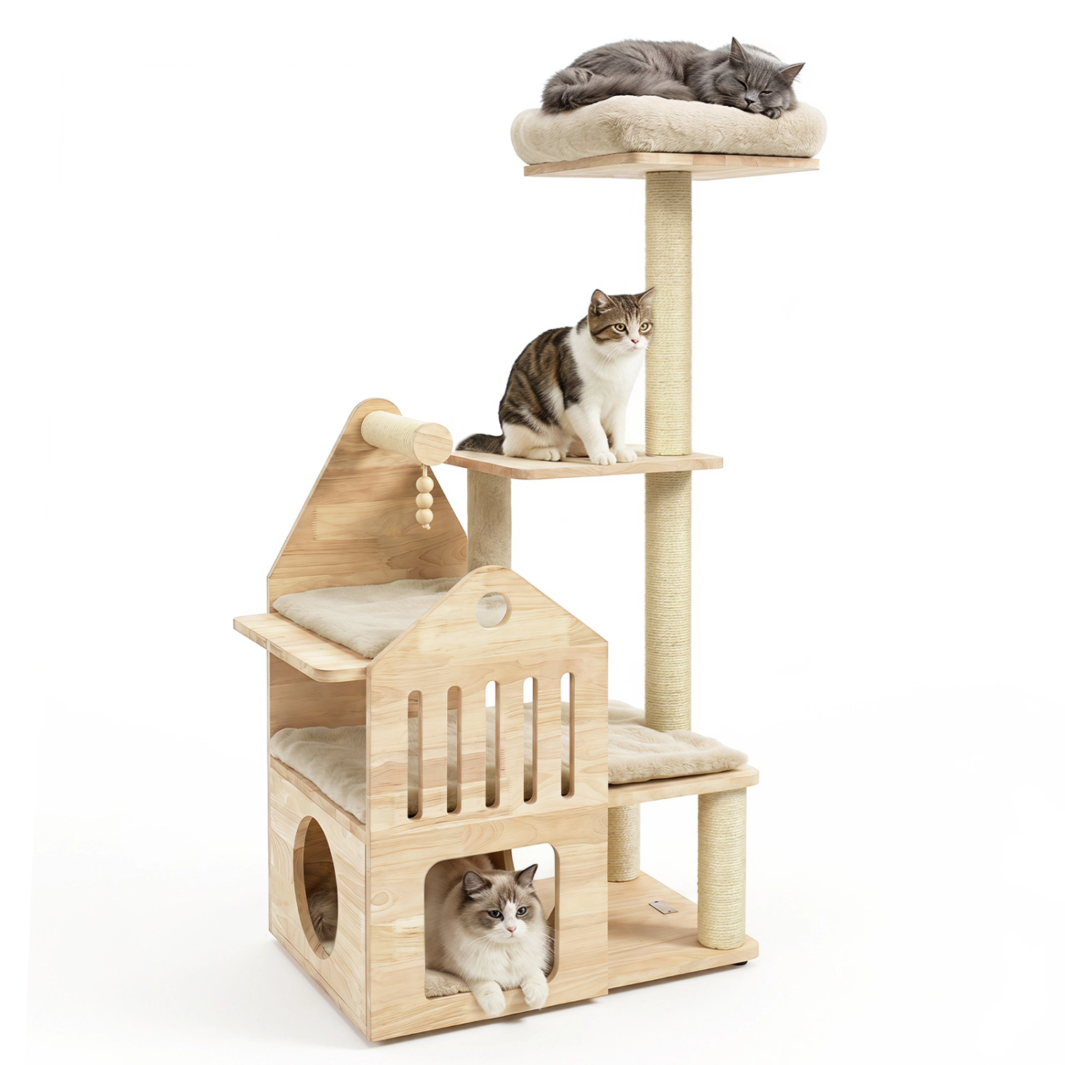 LJG 48.5" Multi-Level Solid Wood Cat Tree for Indoor Cats with Padded Top Perch Condo and Sisal Scratching Posts