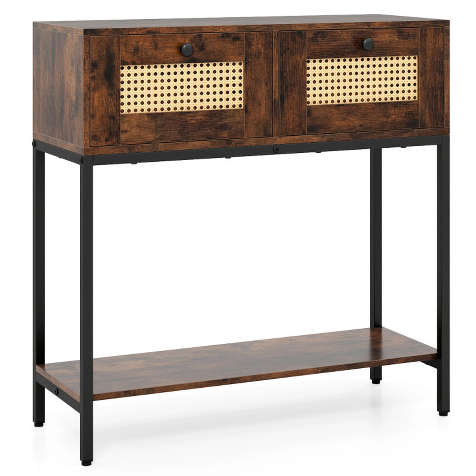 SUGIFT Rattan 2-Drawer Console Table with Open Storage Shelf 132-lb Total Capacity Rustic Brown