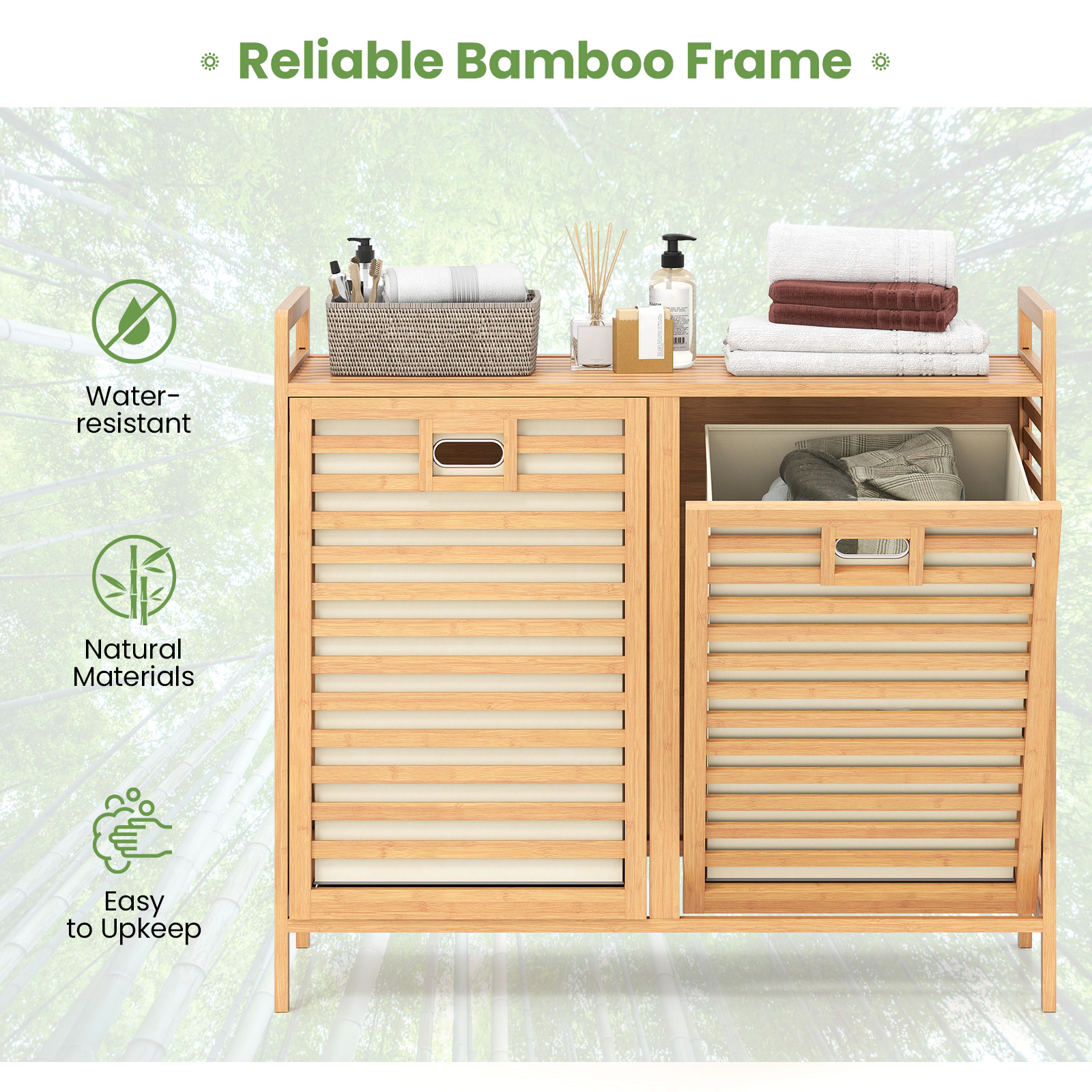 SUGIFT Natural Bamboo Double Tilt-Out Laundry Hamper with 2 Removable 10-gal Bins and Top Shelf