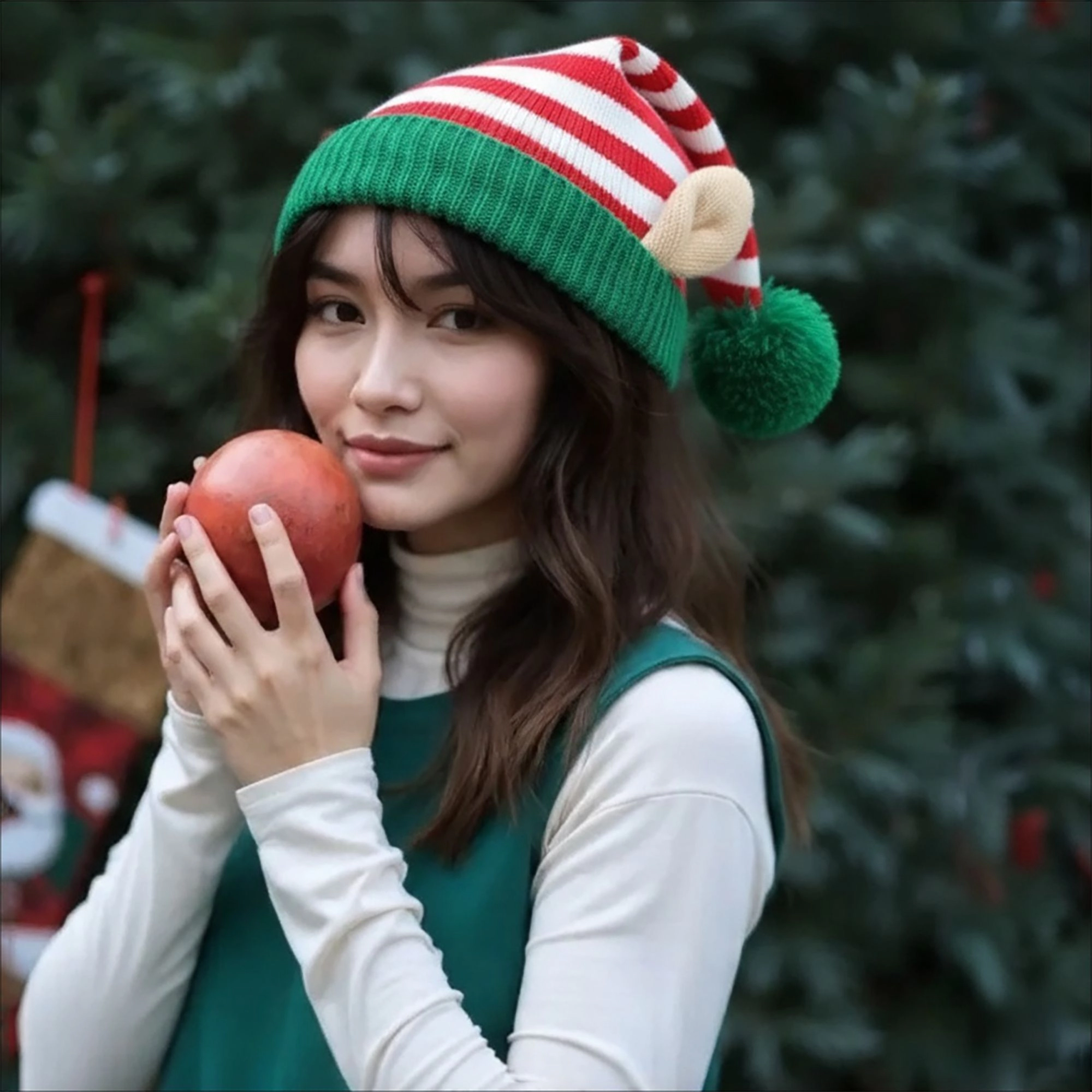 Anna-Kaci Women's Christmas Striped Elf Ear Pom-Pom Knit Beanie Hat