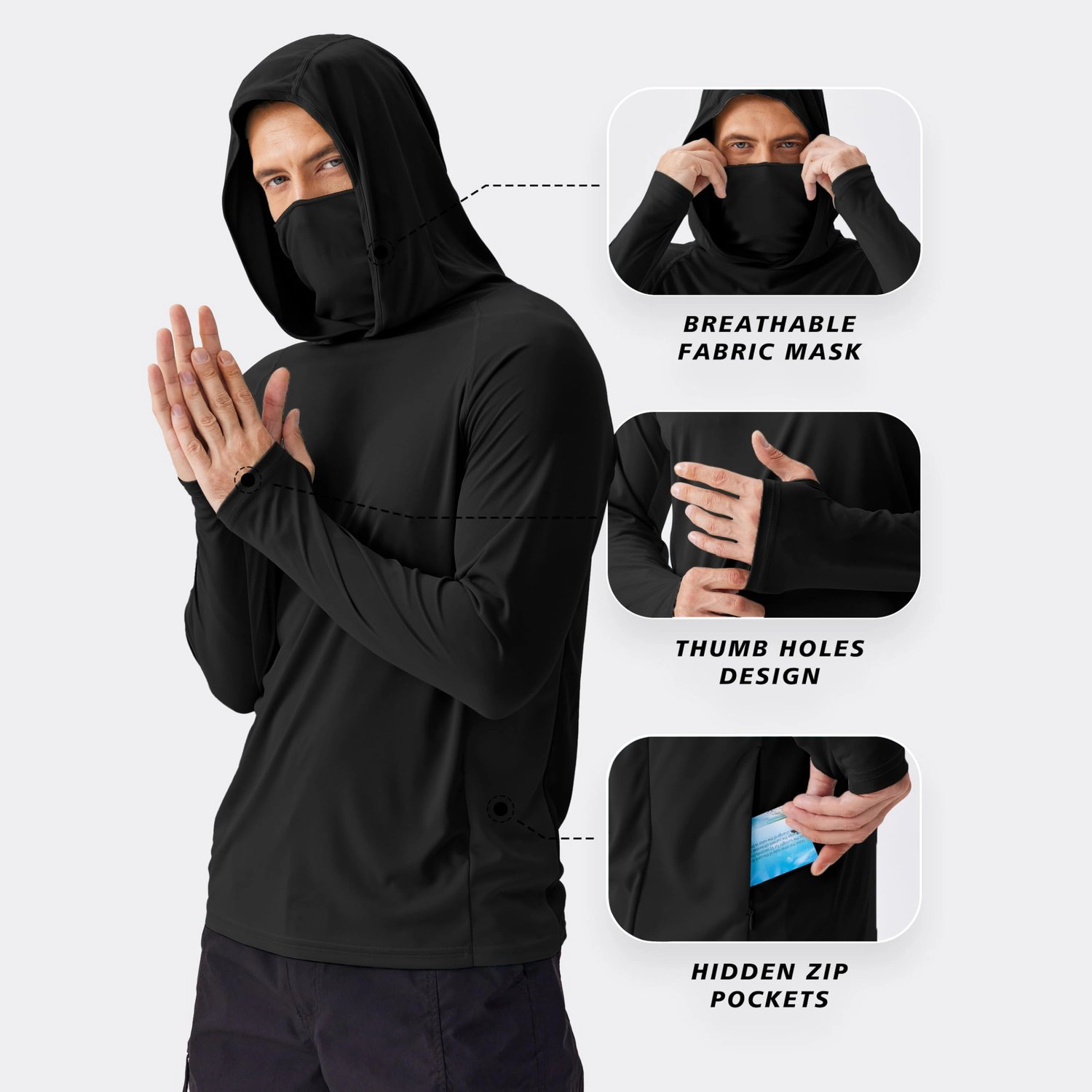 Pinspark Mens Sun Protection Hooded Long Sleeve Shirt Face Cover Thumbhole Pullover