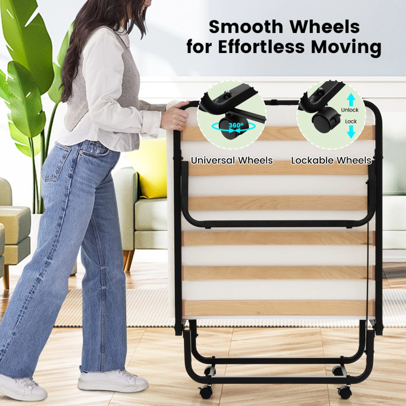 SUGIFT Black 4 Inch Memory Foam Mattress and Locking Wheels Rollaway Folding Guest Bed