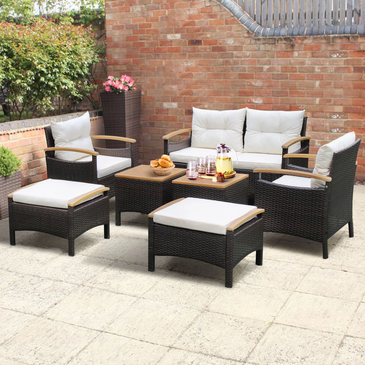 Hivvago 7 Piece Rattan Patio Sofa Set With Acacia Wood Tabletop And Armrests