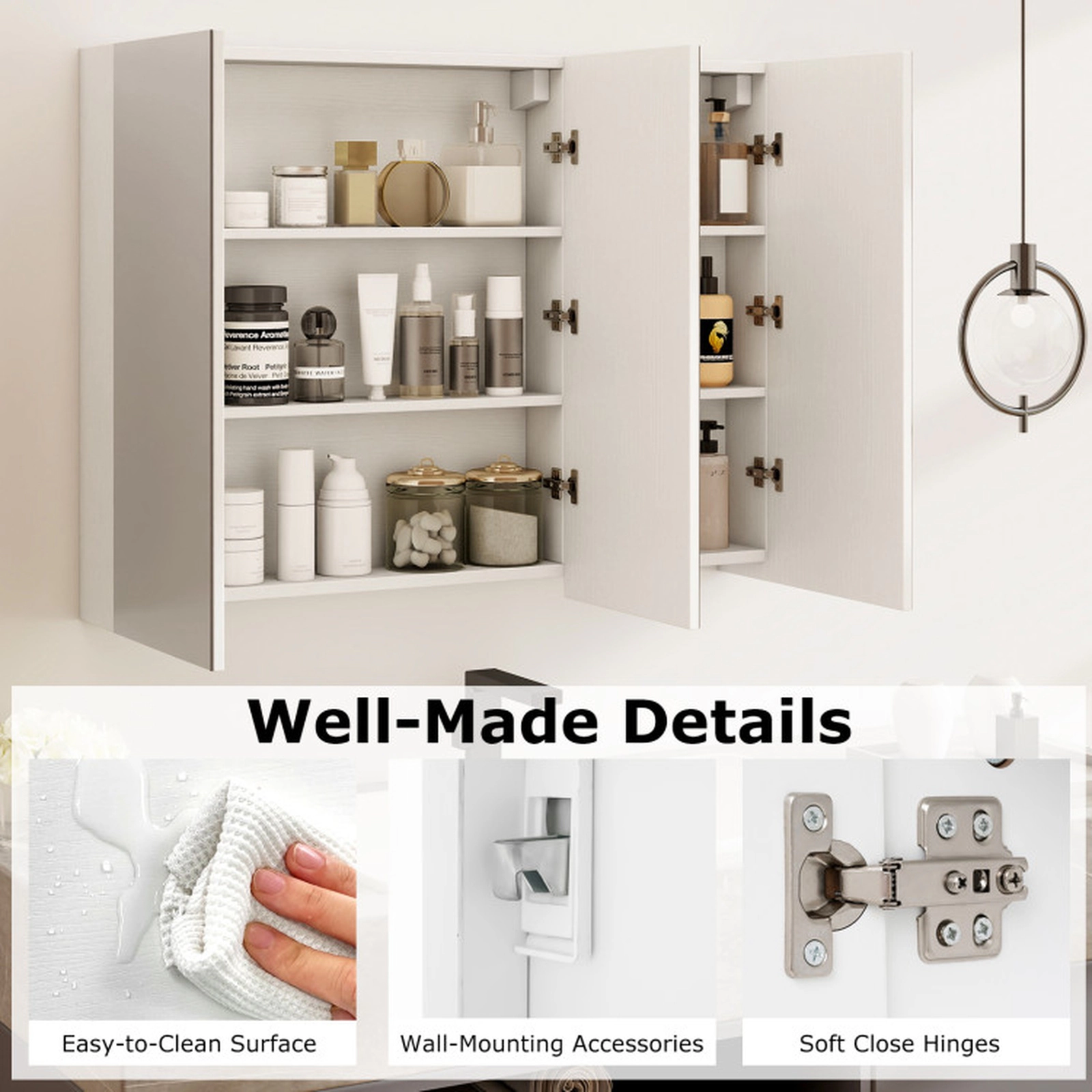 SUGIFT 3-Door Frameless Mirrored Surface Mount Bathroom Medicine Cabinet 34.5-in x 5-in x 25.5-in 6 Compartments White