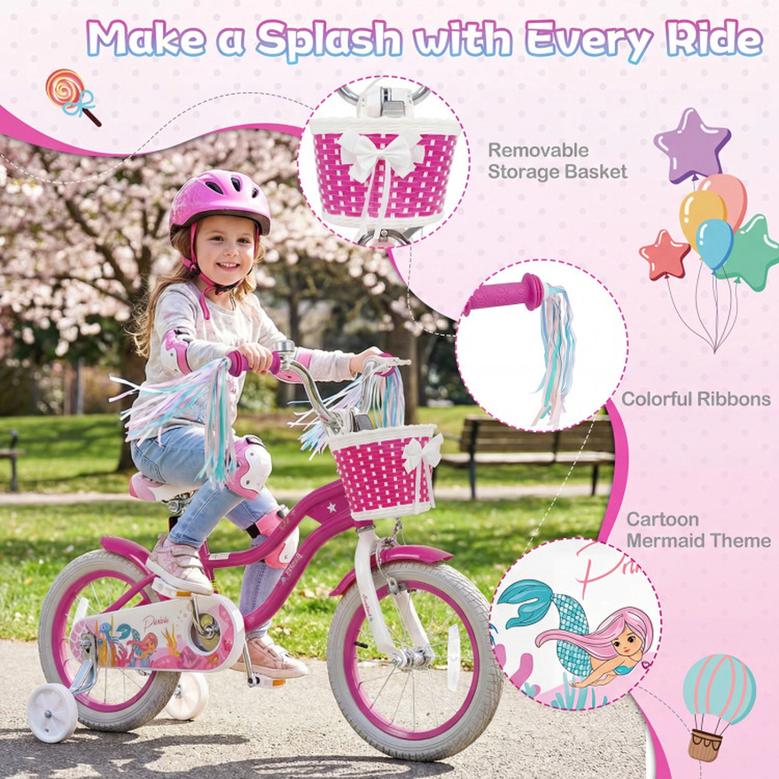 SUGIFT Rose Red Training Wheels Storage Basket Streamers and Mermaid Graphics Girls Bike