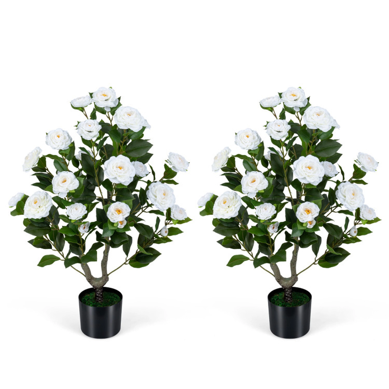 SUGIFT Set of 2 35.5-in White Artificial Camellia Trees with Faux Flowers and Cement-Filled Pots