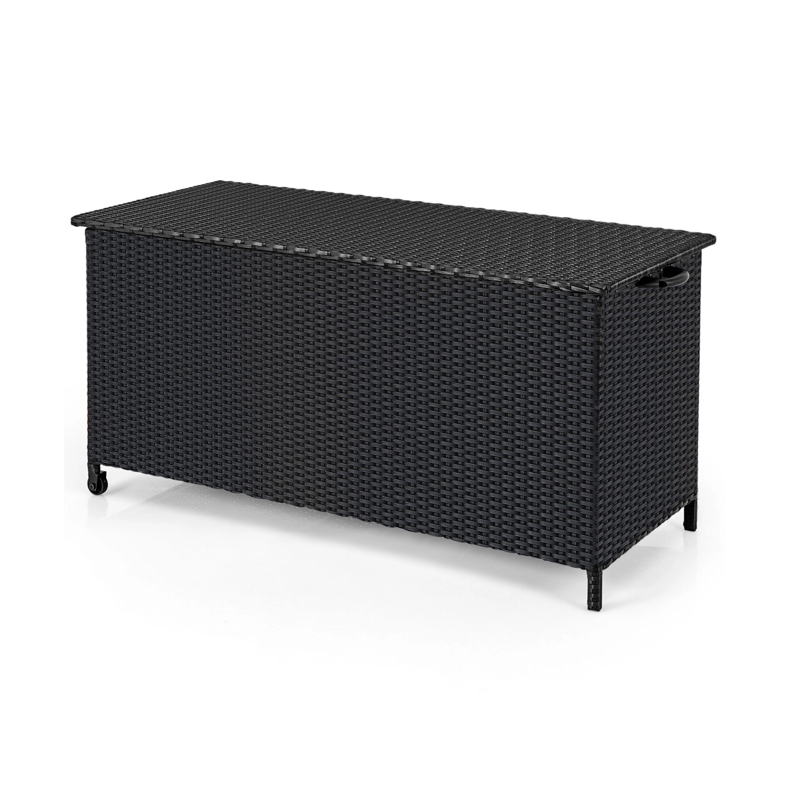 SUGIFT Black 85-Gallon Wicker Outdoor Deck Box with Waterproof Liner Gas Strut Lid and 2 Wheels