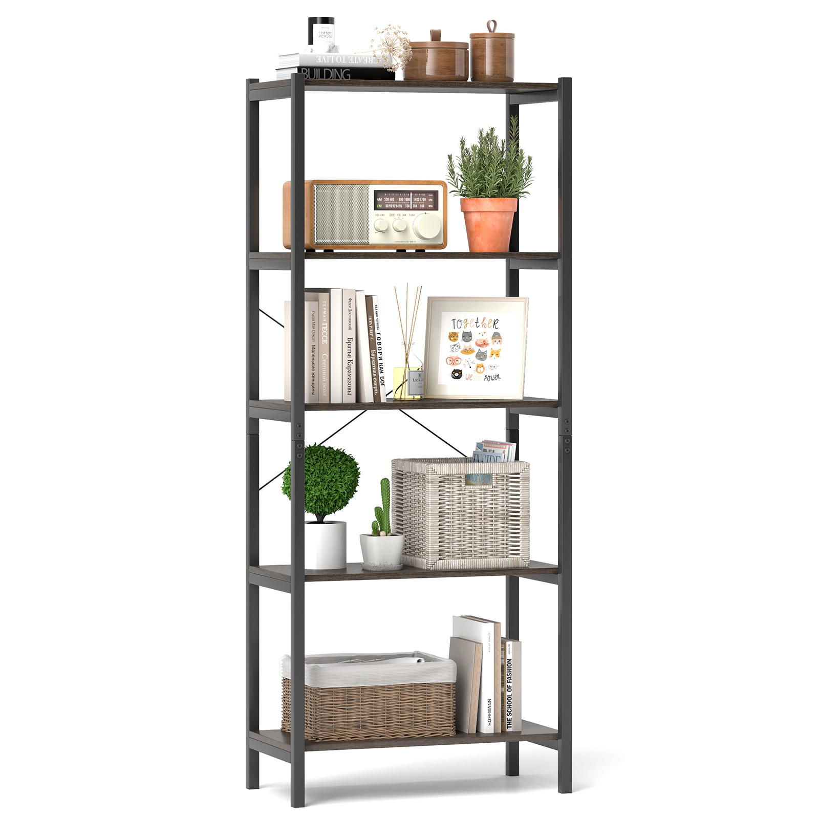LJG 5-Tier Industrial Bookshelf Display Storage Rack with Metal Frame