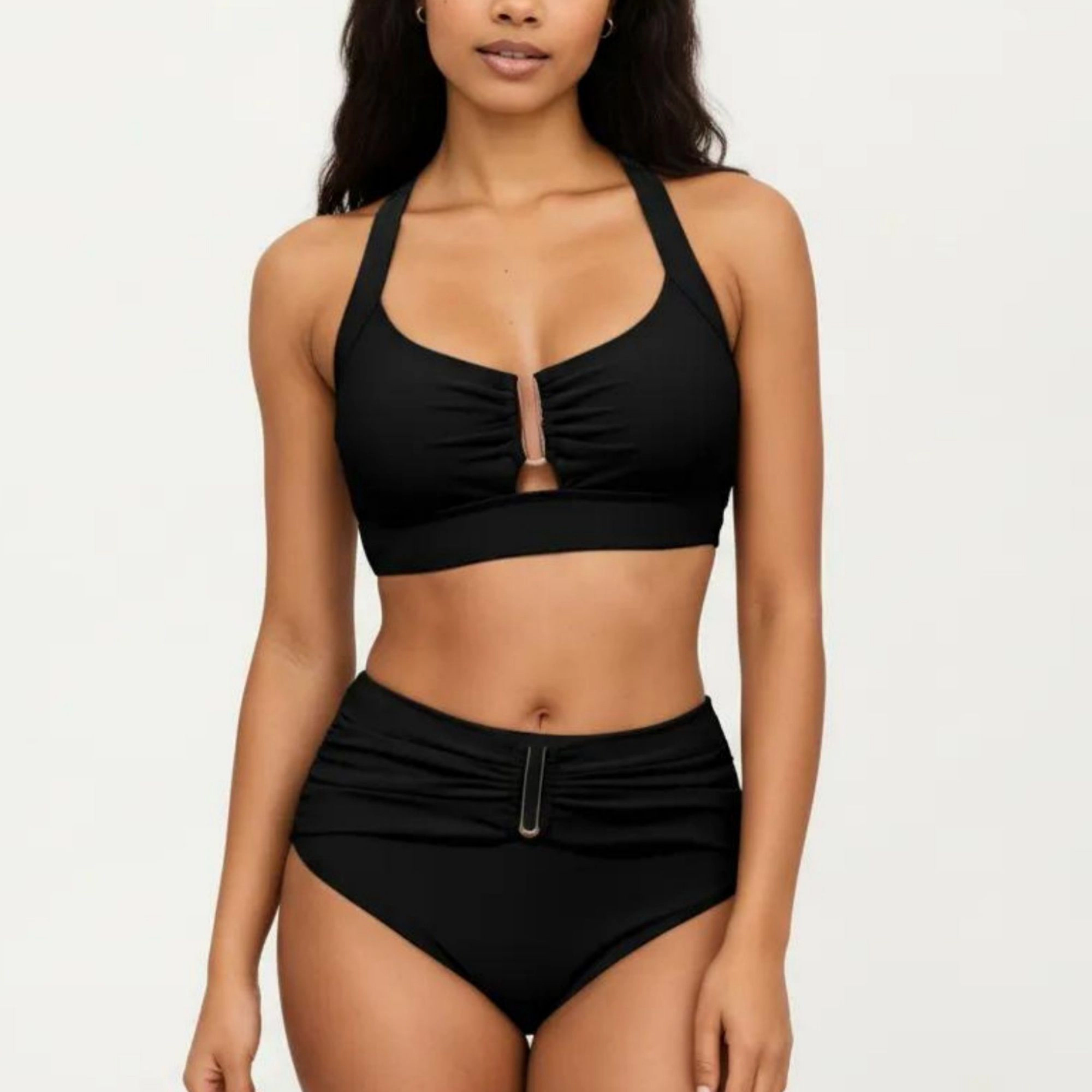 Anna-Kaci Women's Two Piece Bikini Set with Ruched Bralette Top and High Waist Bottoms