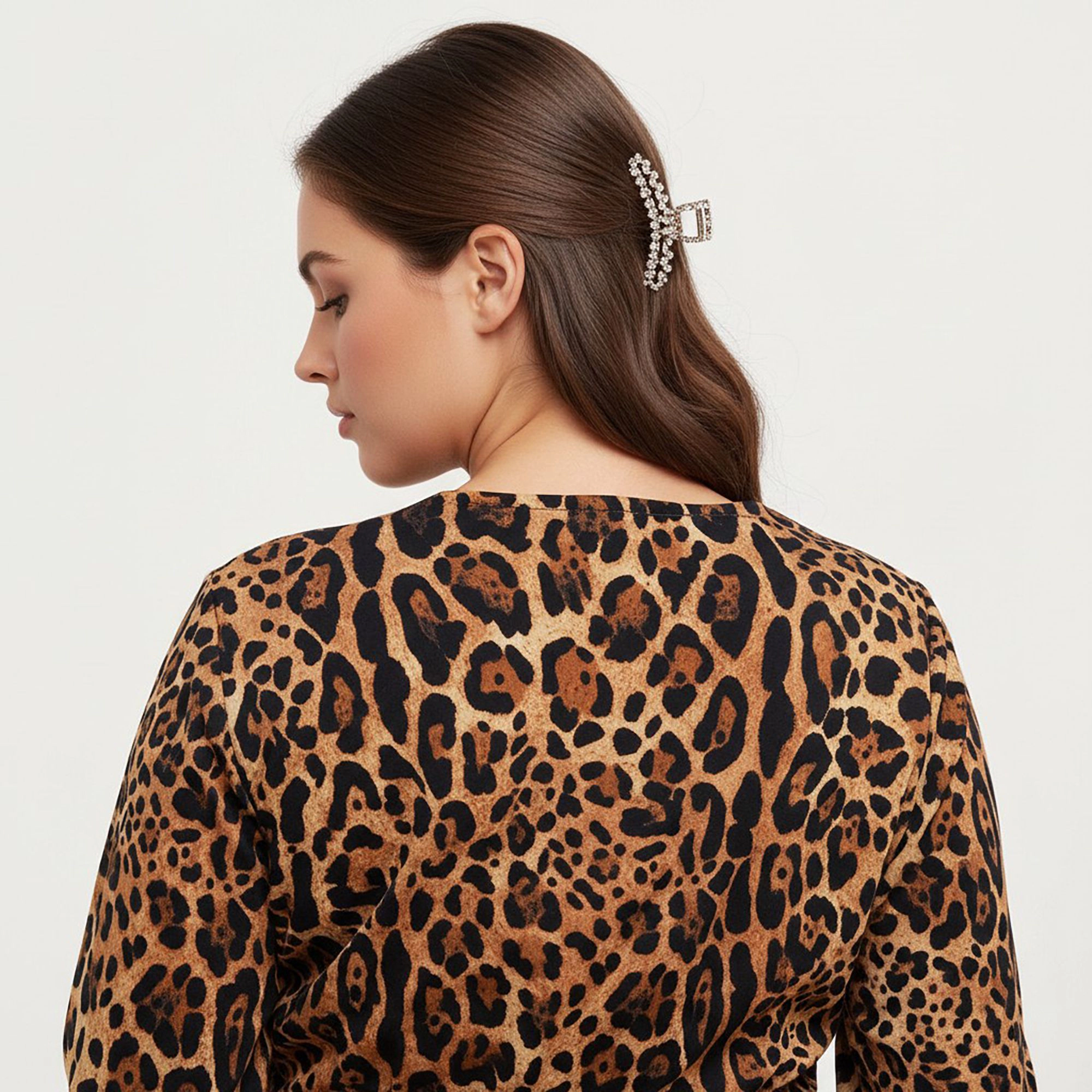 Anna-Kaci Women's Plus Leopard Print Long Sleeve V Neck Flattering Straight Silhouette Knit Dress