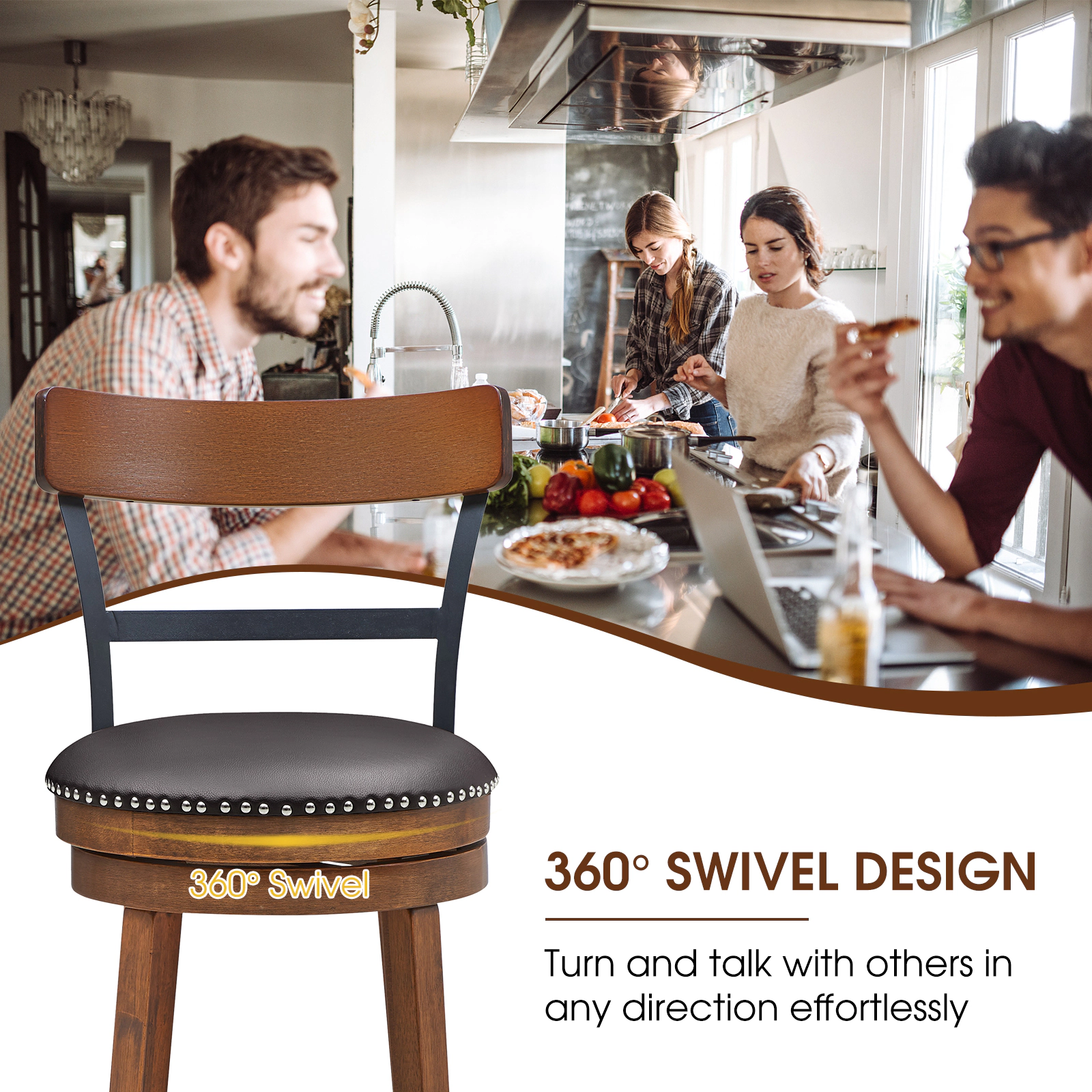SUGIFT Set of 2 Swivel Pub Height Bar Stools 30.5-in Seat Height 250-lb Capacity Brown PVC Leather and Rubber Wood