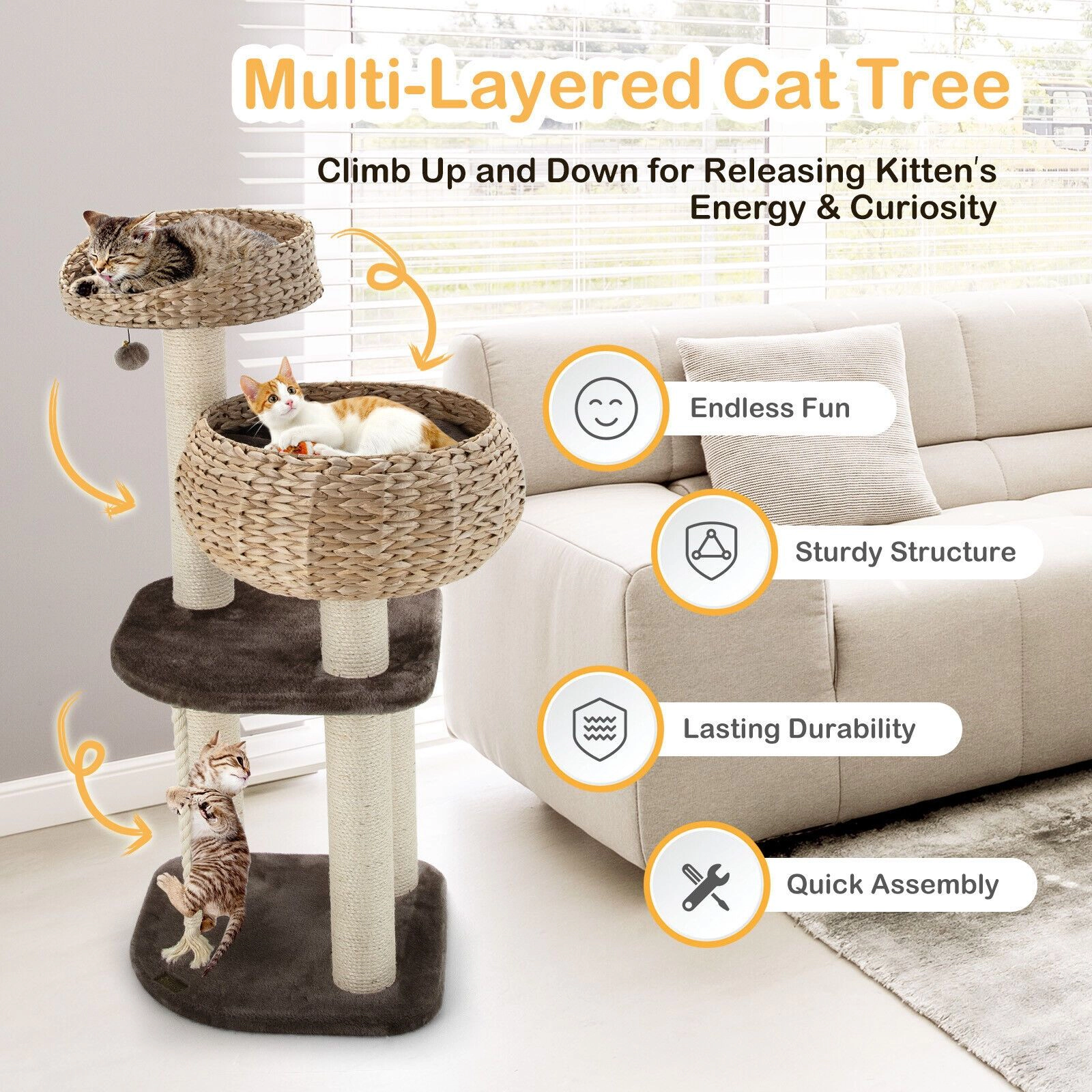 SlickBlue 41 Inch Cat Tree with Basket Bed