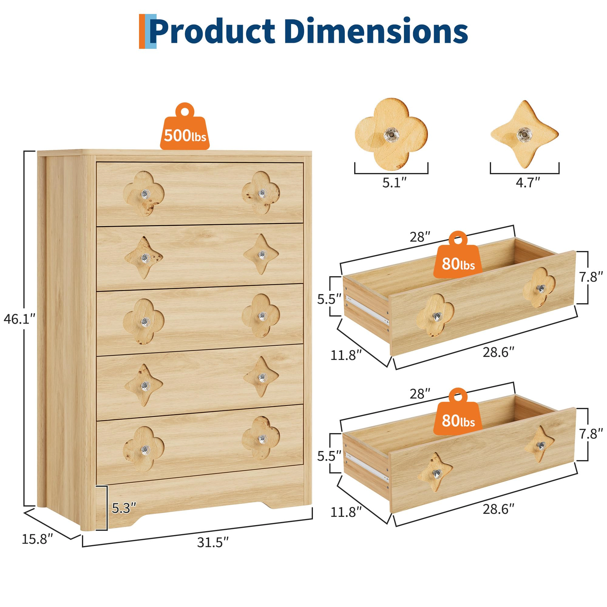46.1" Tall 5 Drawer Wood Dresser with Decorative Fronts & Crystal Knobs, Narrow Storage Chest