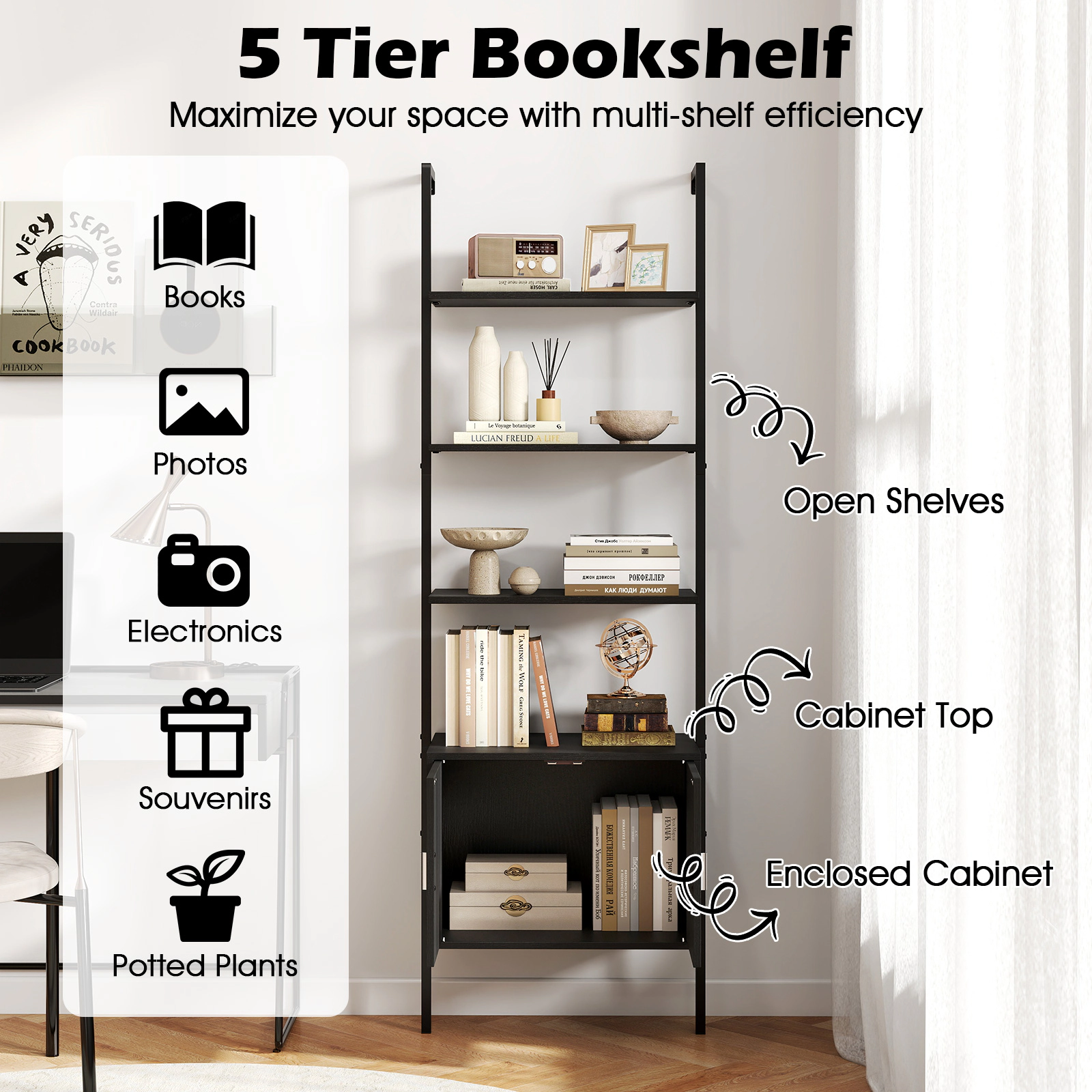 SUGIFT 5-Tier Black 72.5-in Tall Metal Frame Bookshelf with Cabinet Magnetic Doors and Anti-Tipping Kits