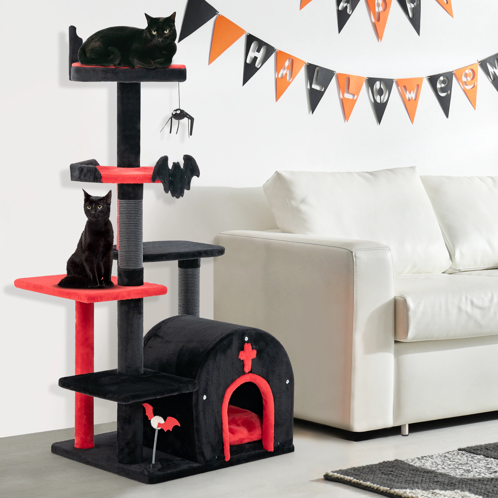 SUGIFT 53-in Tall Gothic Cat Tree Tower with Arch-Shaped Condo Plush Bed Top Perch and Scratching Posts