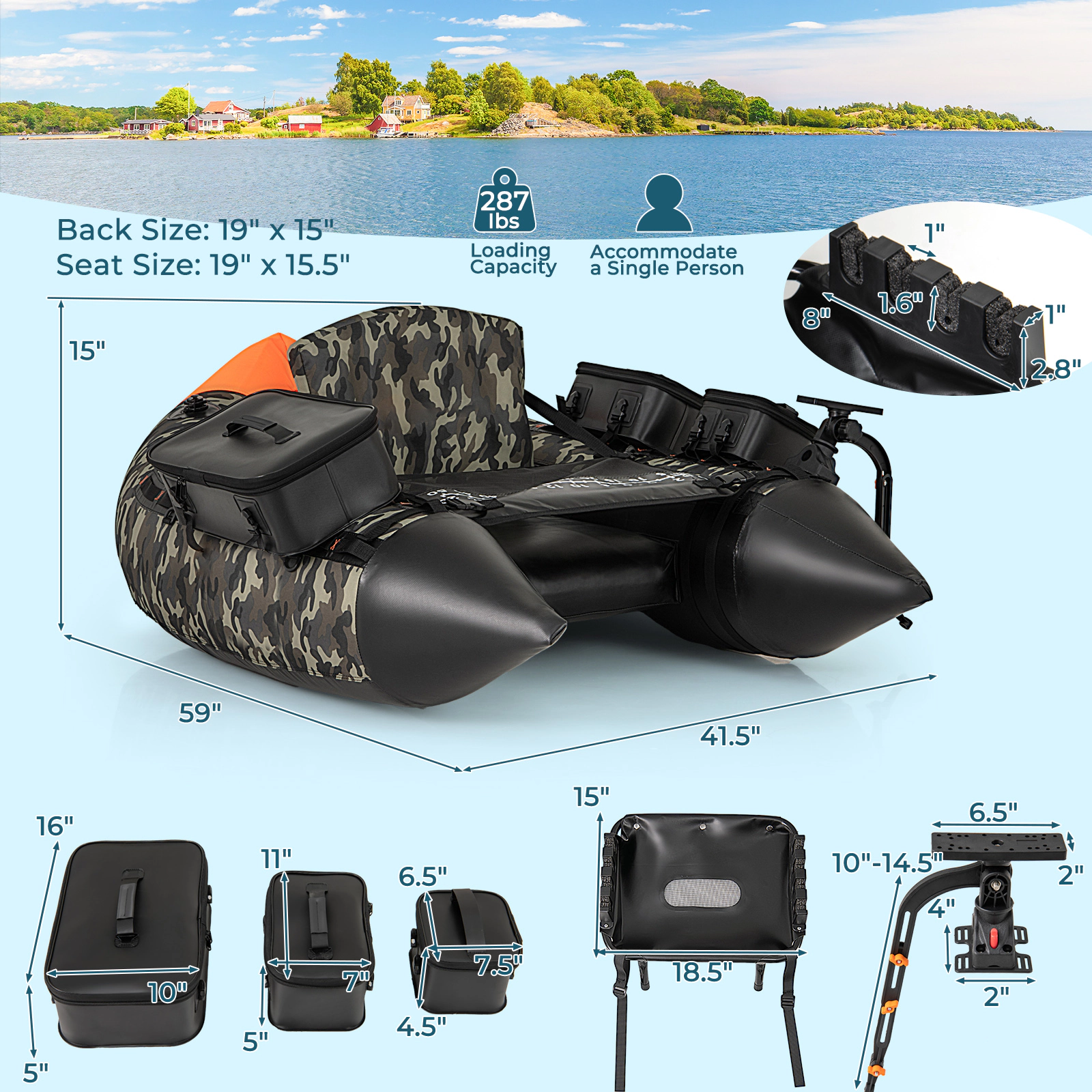 SUGIFT Adult Camouflage Fishing Float Tube with Rod Holder and Storage Basket 41.5-in W 287-lb Load Capacity