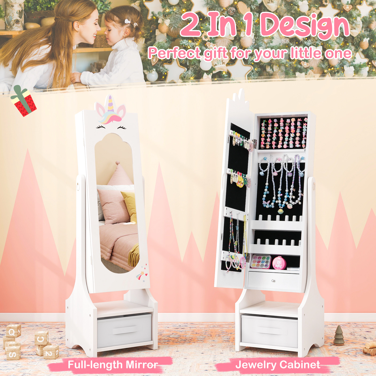 SUGIFT 45.5-in Kids Standing Full-Length Dressing Mirror with 2 Tilt Angles and Hidden Jewelry Cabinet