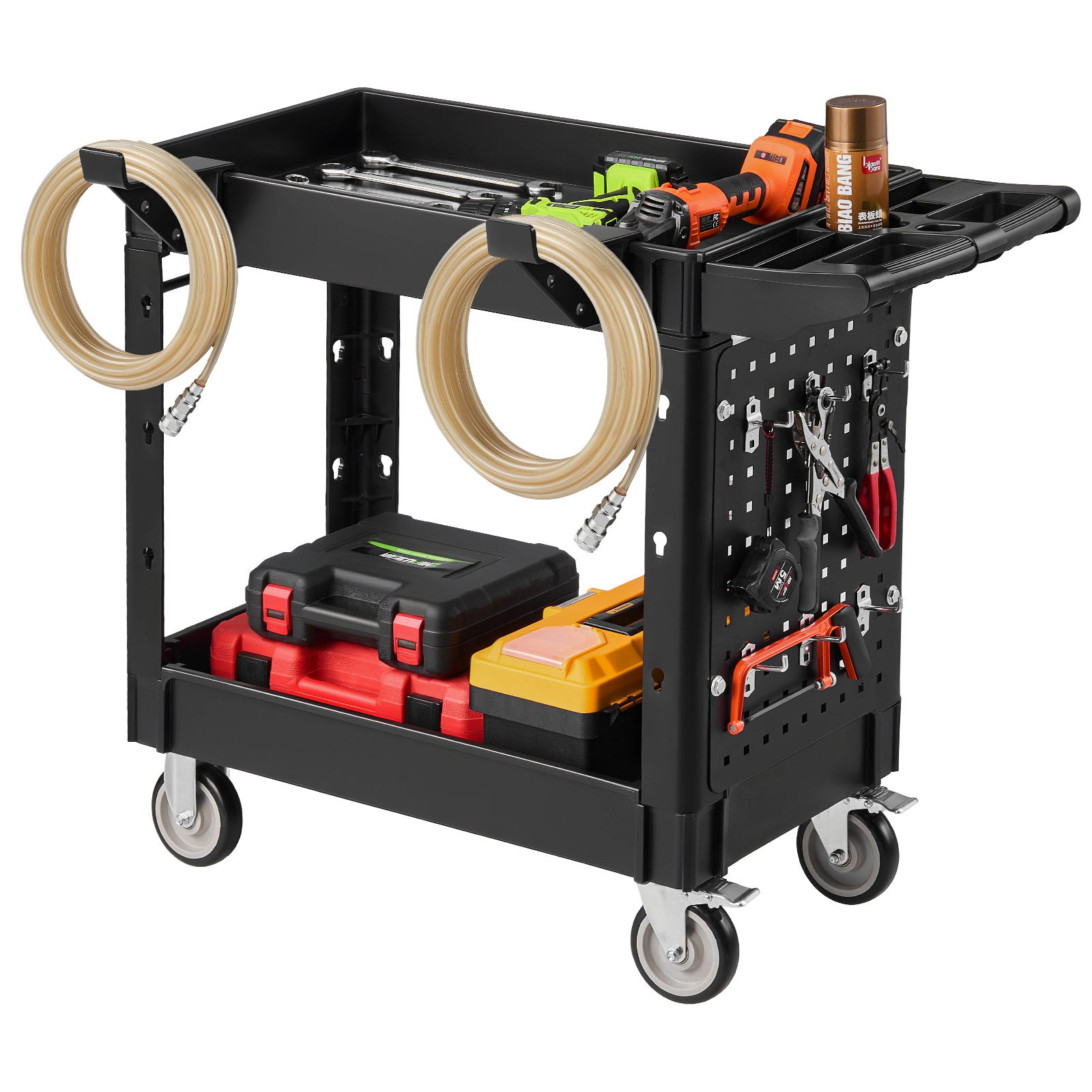 HONGGE 2-Tier Plastic Utility Cart with Pegboard and Storage Tray, 550 lb Capacity, Swivel and Fixed Wheels for Garage