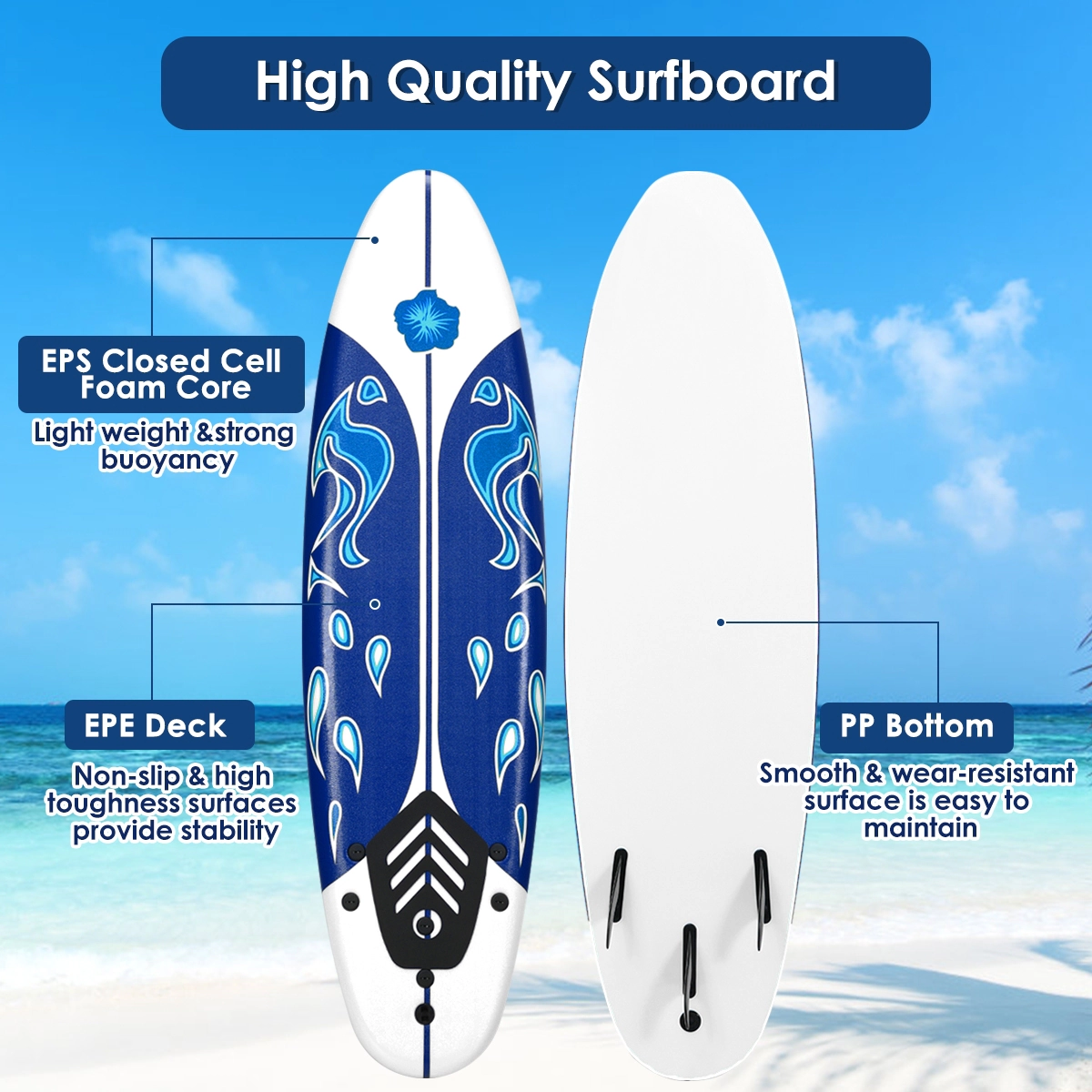 SUGIFT 6-ft 200-lb Capacity Soft Top Foam Surfboard with Slick HDPE Bottom 3 Detachable Fins and Leash