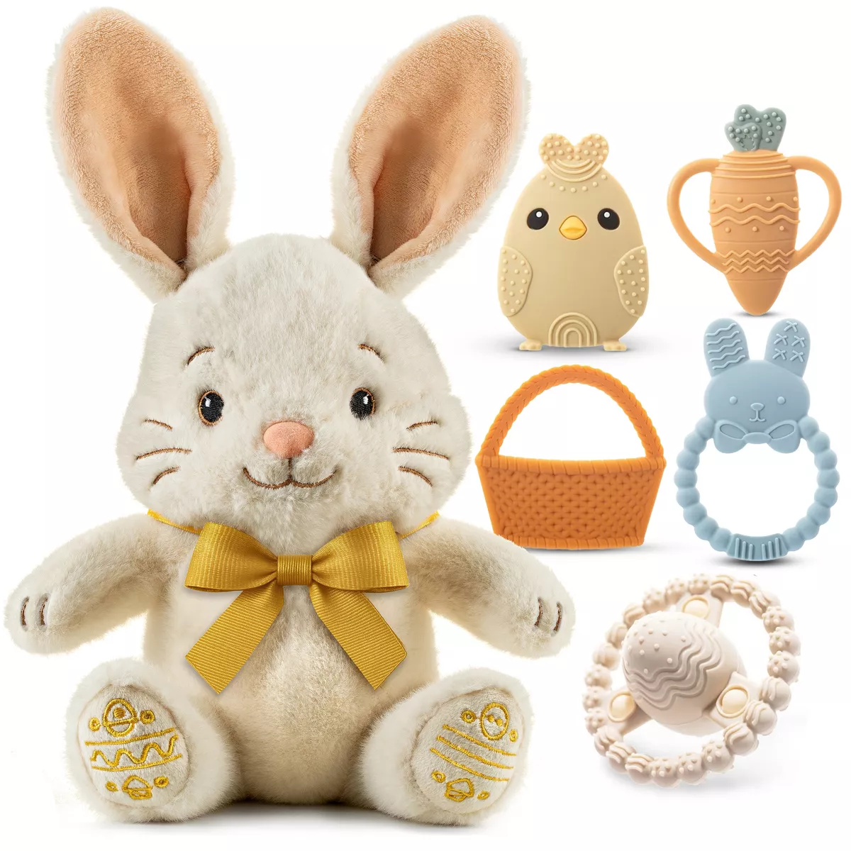 Sperric Easter Plush Bunny & Silicone Teether Toys Set, Soft Stuffed Toy 5-Pack