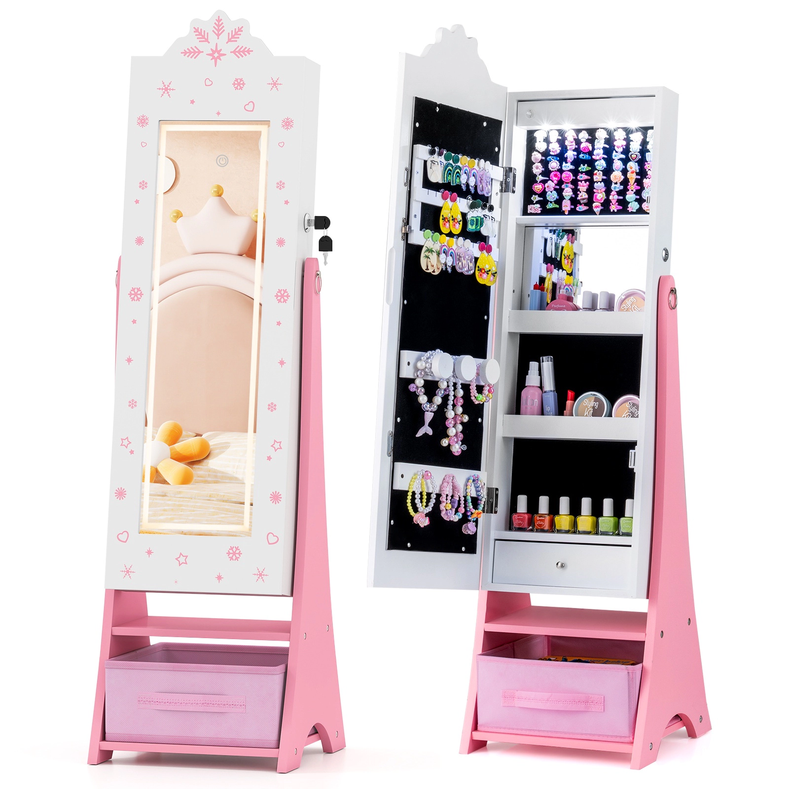 SUGIFT Freestanding Kids Jewelry Armoire Cabinet with 3-Color Lighted Full-Length Mirror 44.5-in Tall White